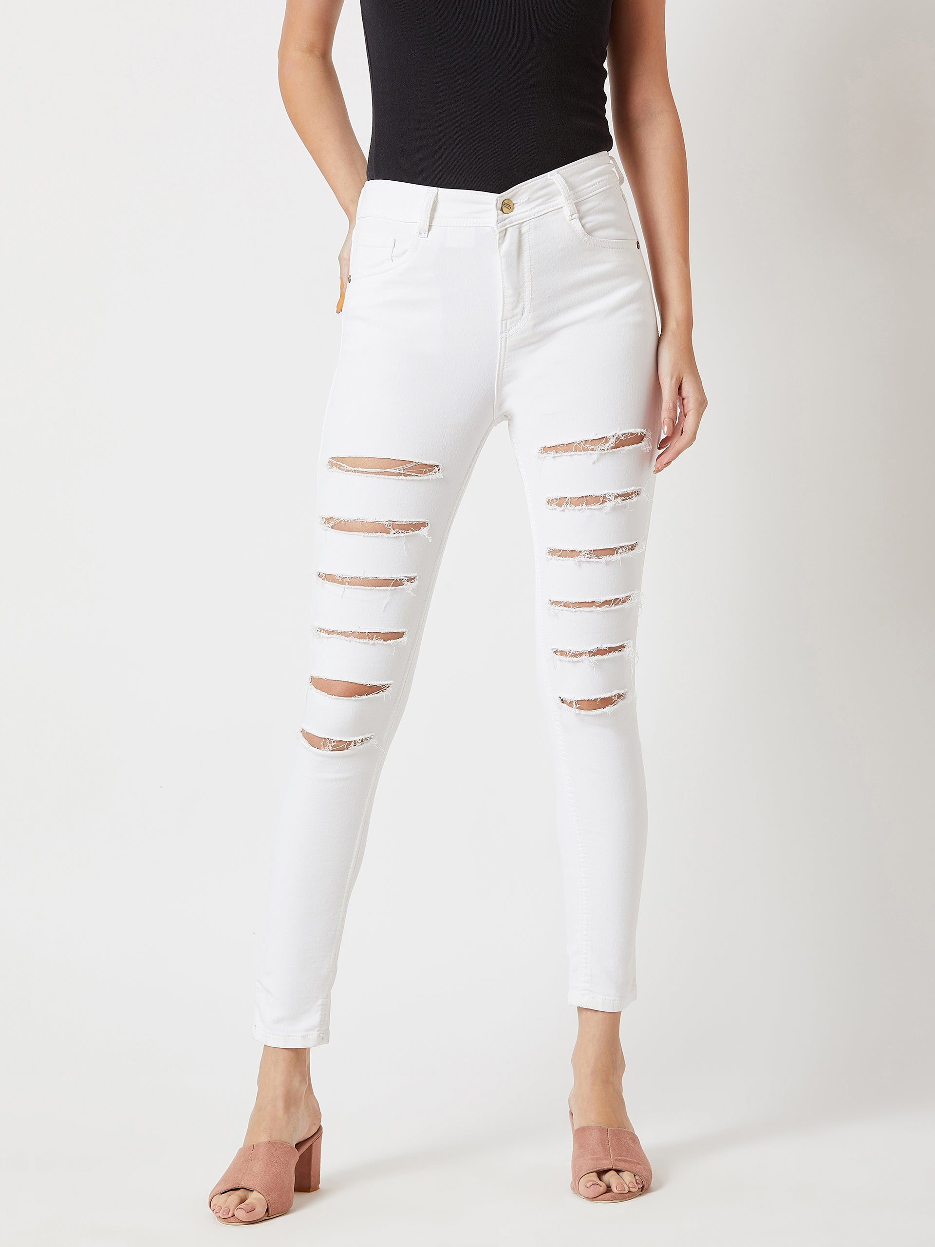Women's White Skinny High-Rise Ripped Stretchable Denim Jeans