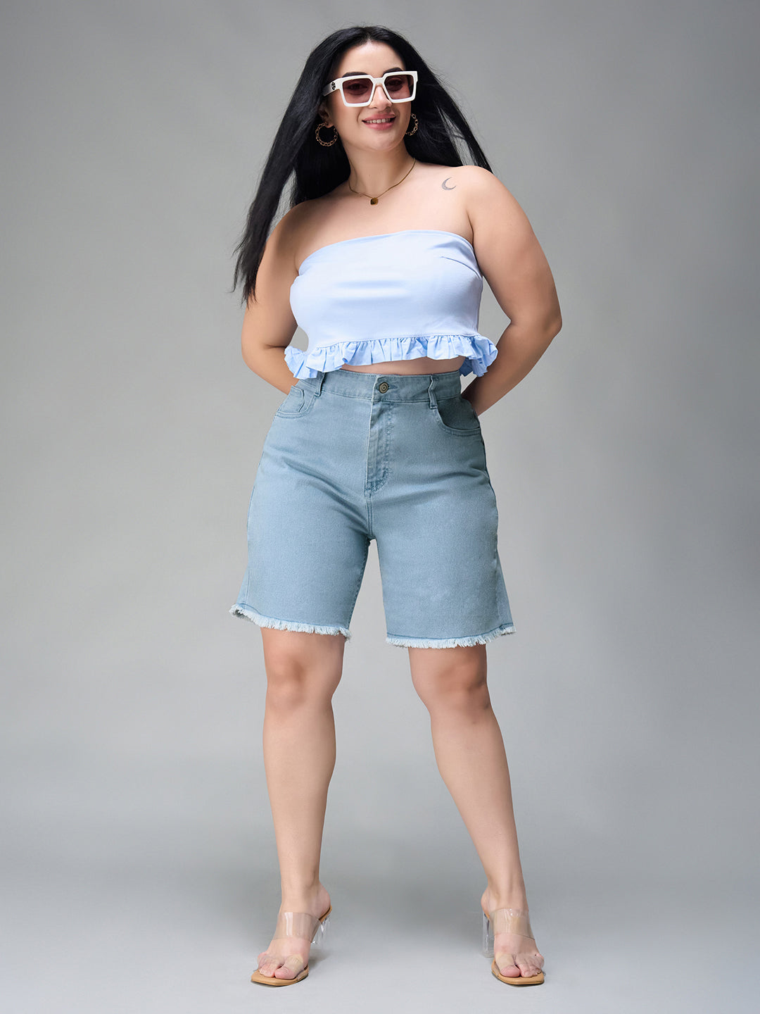 Women's Light Blue High-Rise Above Knee Stretchable Denim Shorts