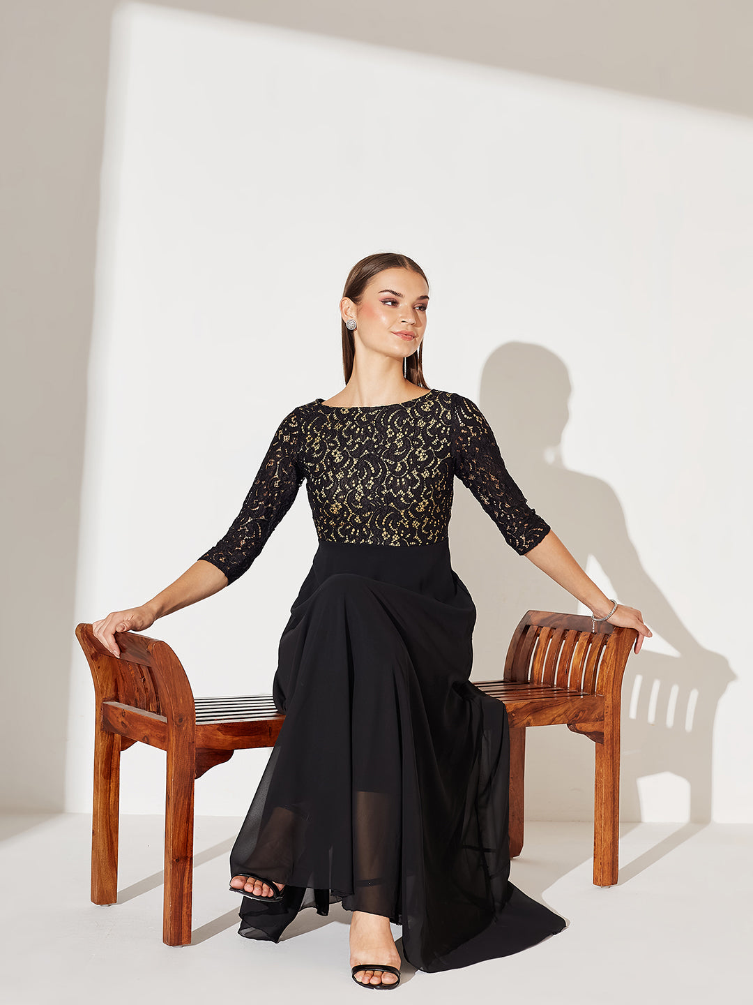 Women's Black Self Design Boat Neck 3/4 Sleeves Side Pocketed Georgette Fit and Flare Maxi Length Dress