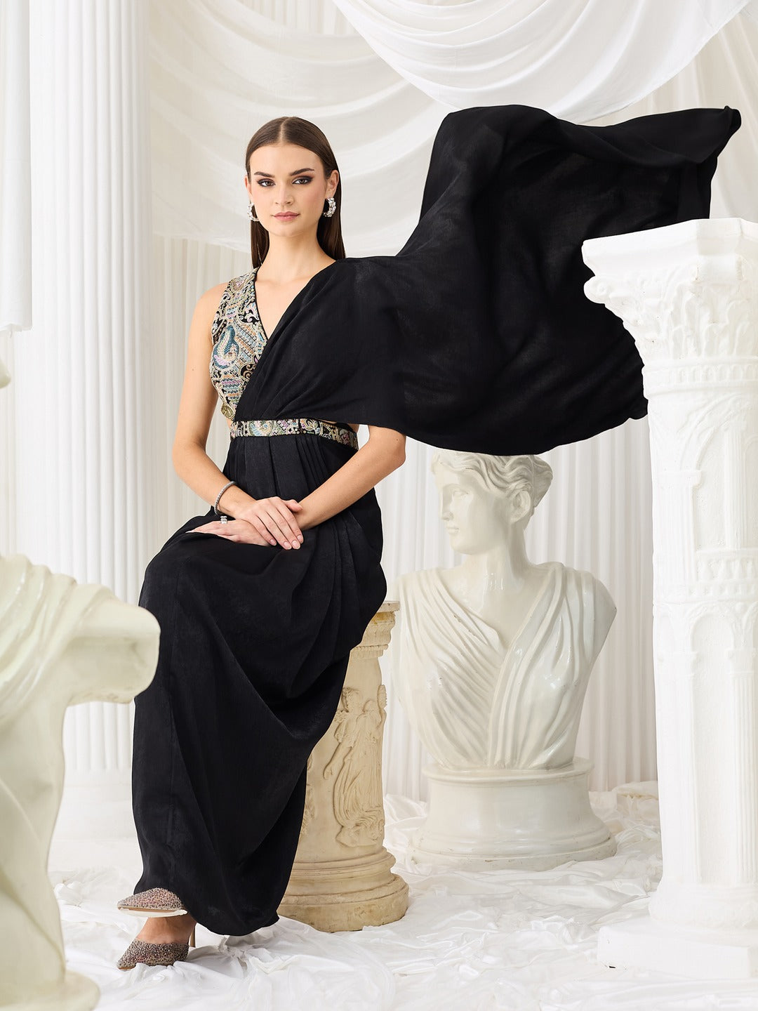 Black V-Neck Asymmetric Embroidered Draped Satin Maxi Dress for Women
