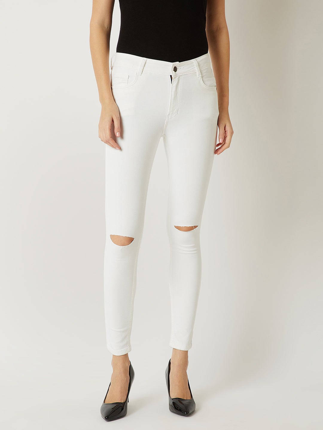 Women's White Skinny Mid-Rise Knee-Slit Stretchable Denim Jeans