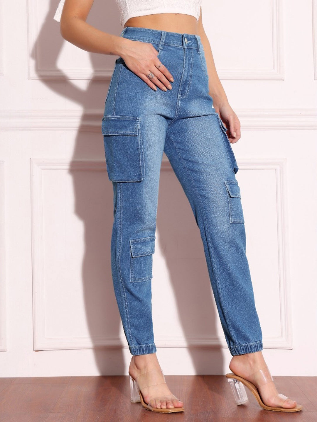 Women's Mid-Blue Regular High-Rise Regular Stretchable Denim Joggers
