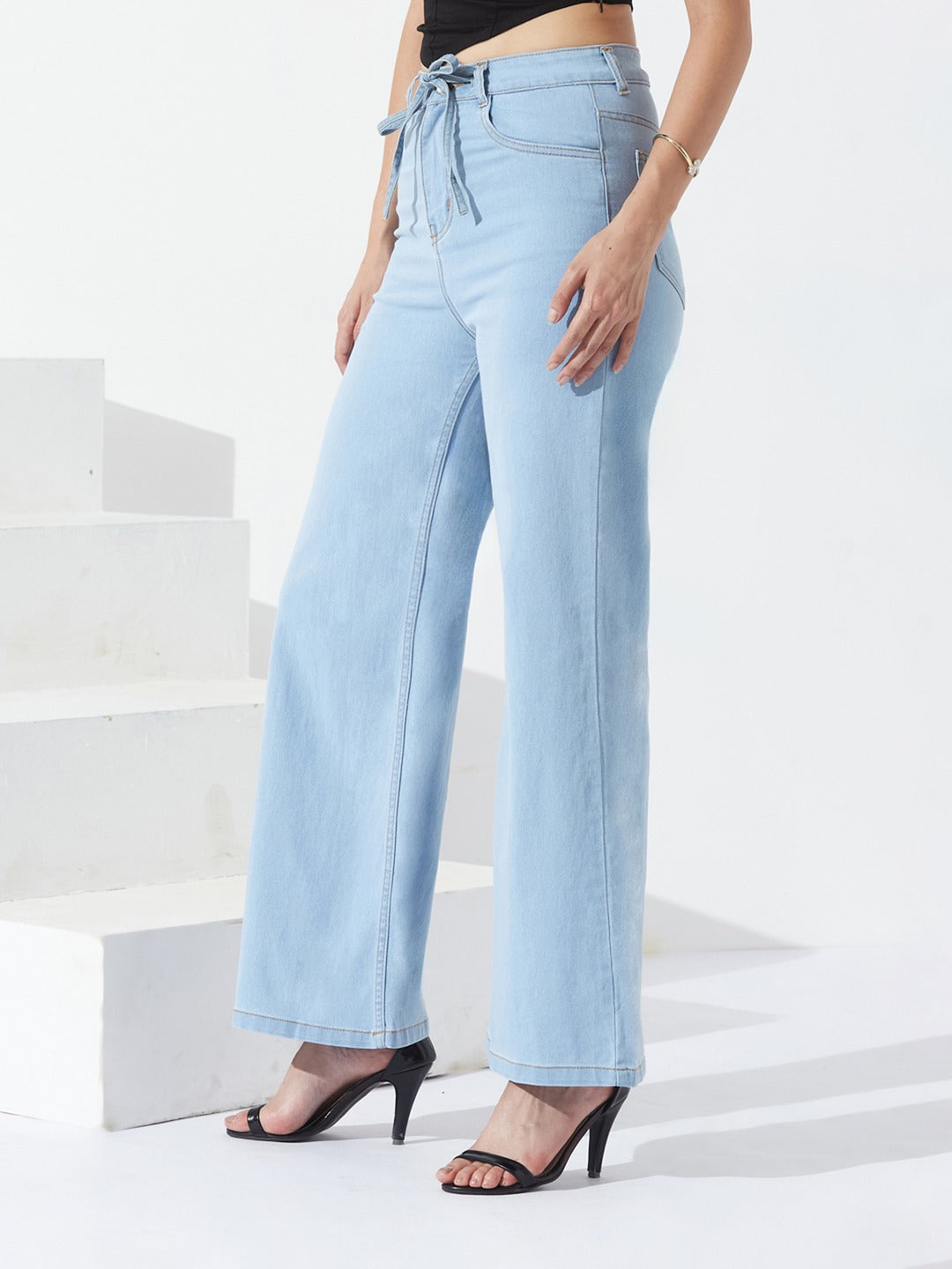 Light Blue High-Rise Wide Leg Stretch Denim Jeans with Tie-Up Waist for Women