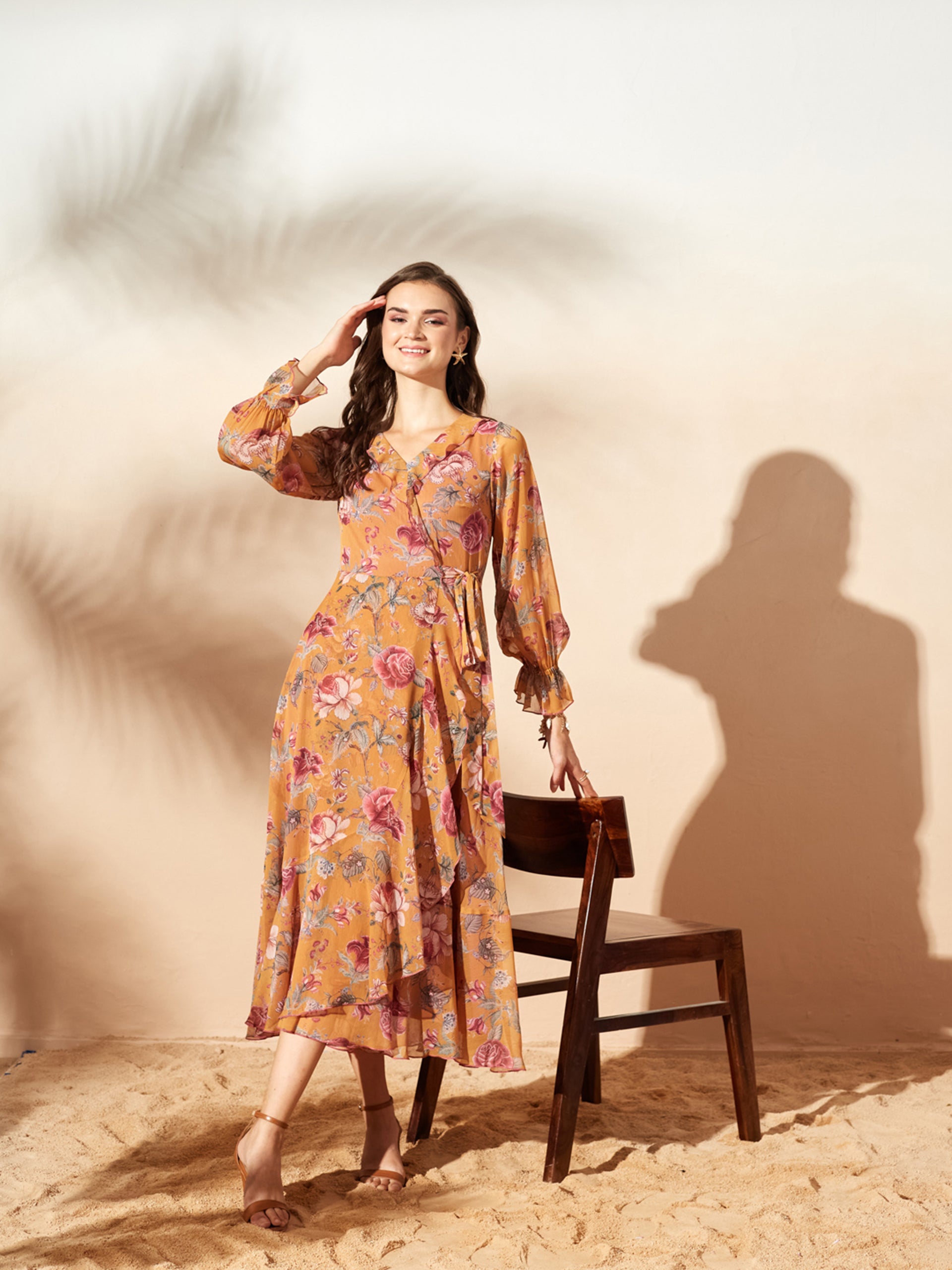 Women’s Multicolored Mustard Bohemian Ruffled Tie-Up Midi Chiffon Dress for Women