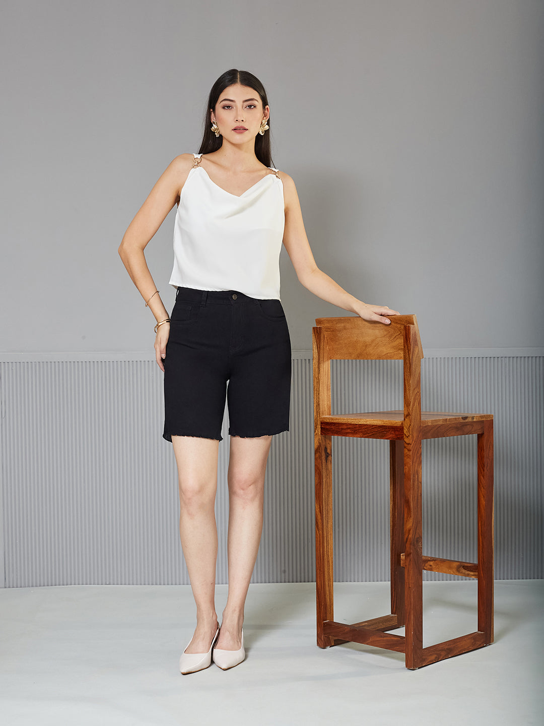Black Regular High-Rise Above Knee Stretchable Denim Shorts for Women