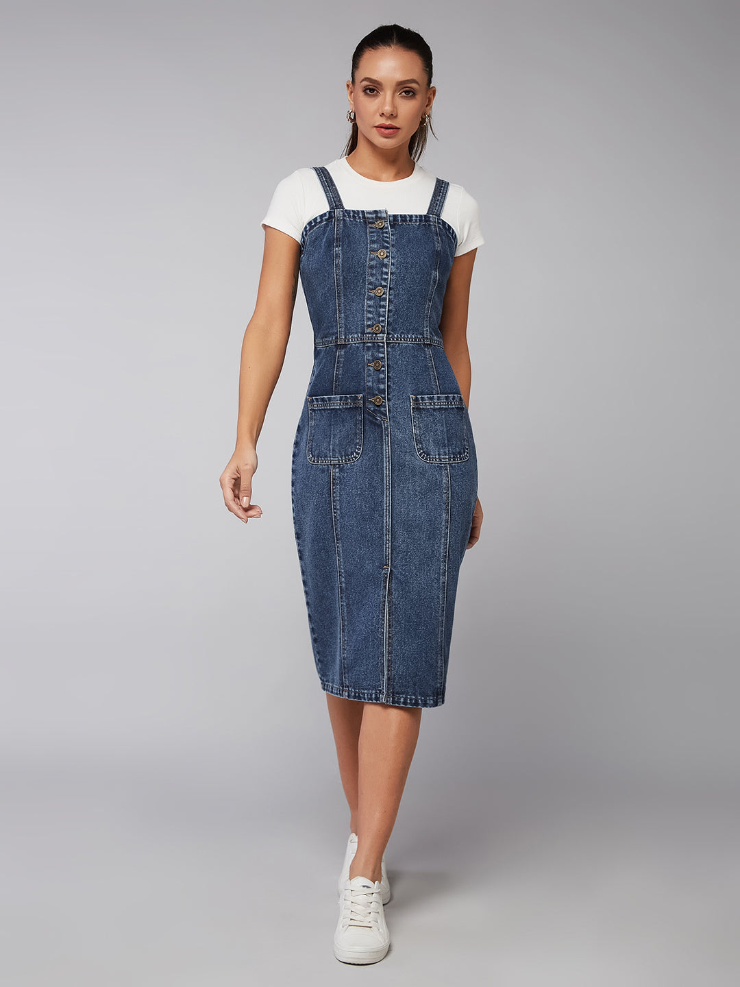 Women's Navy Blue Slim Midi Denim Dress