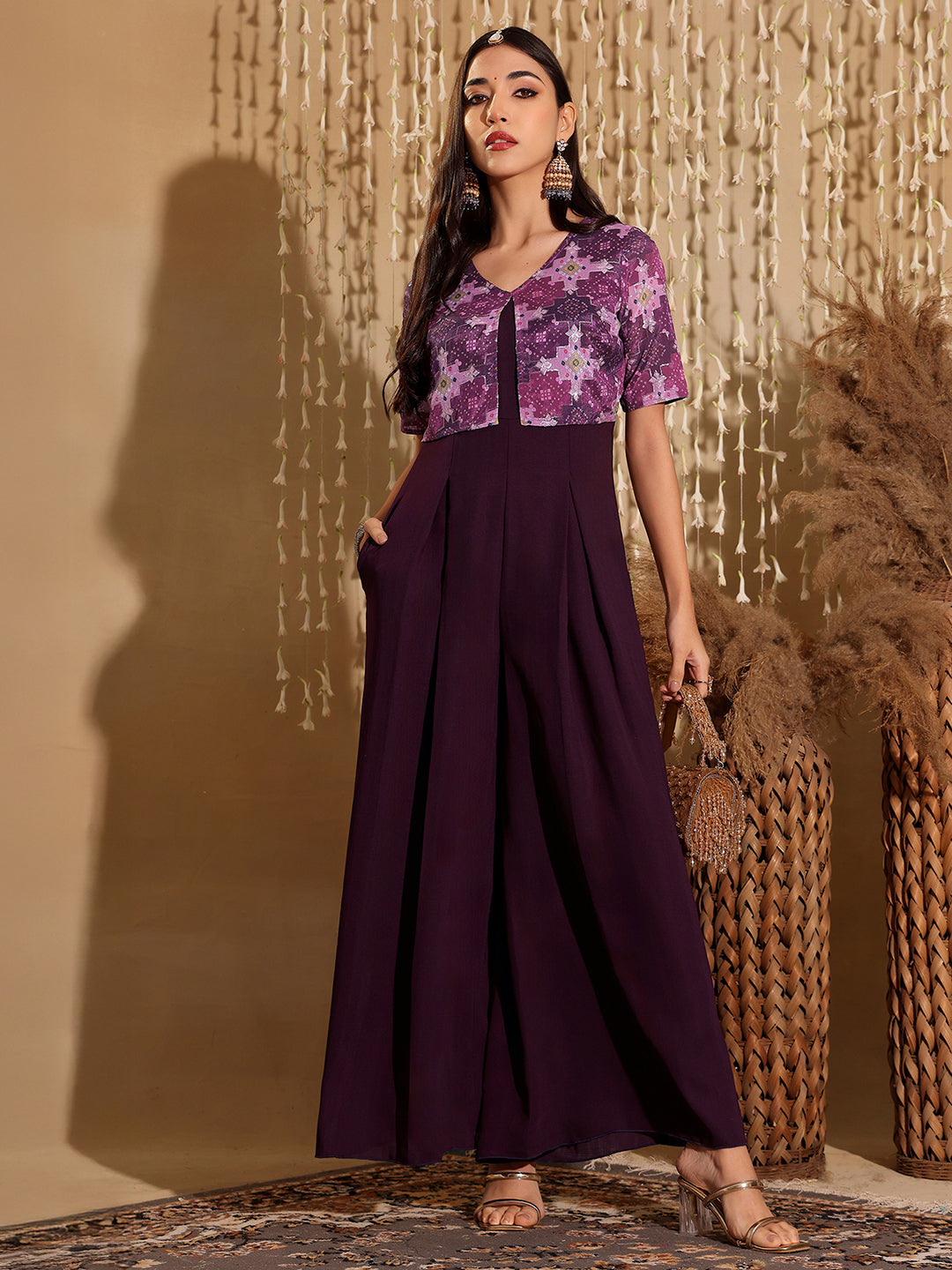 Women'S Dark Purple V Neck Half Sleeve Pleated Polyester Regular-Length Solid Jumpsuit