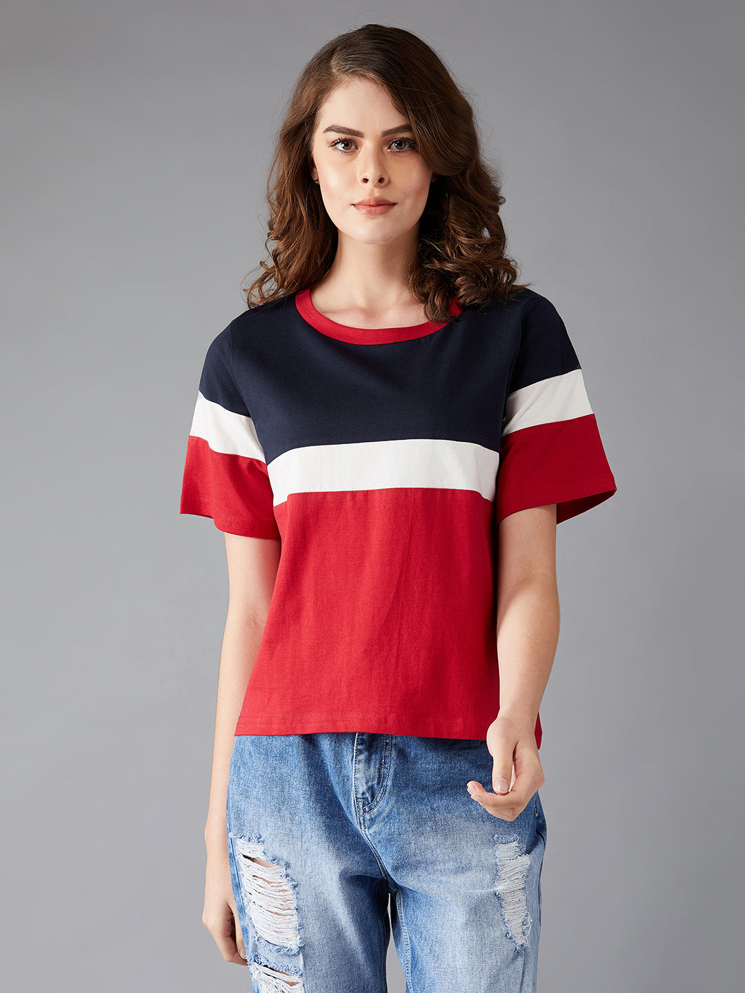Women's Red Round Neck Half Sleeve Paneled Solid Regular T-Shirt