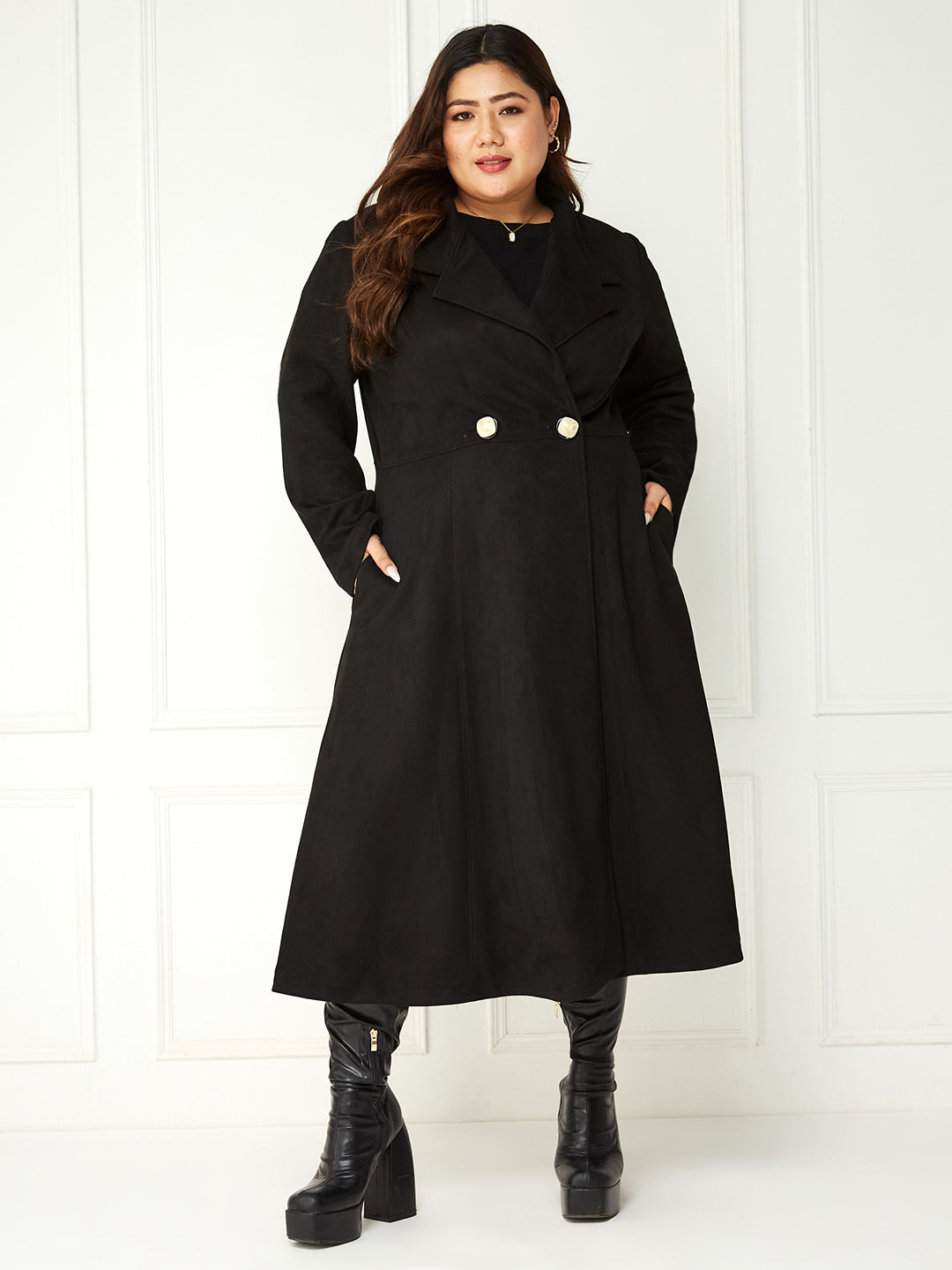 Body Bliss Black Solid Double Breasted Longline Jacket