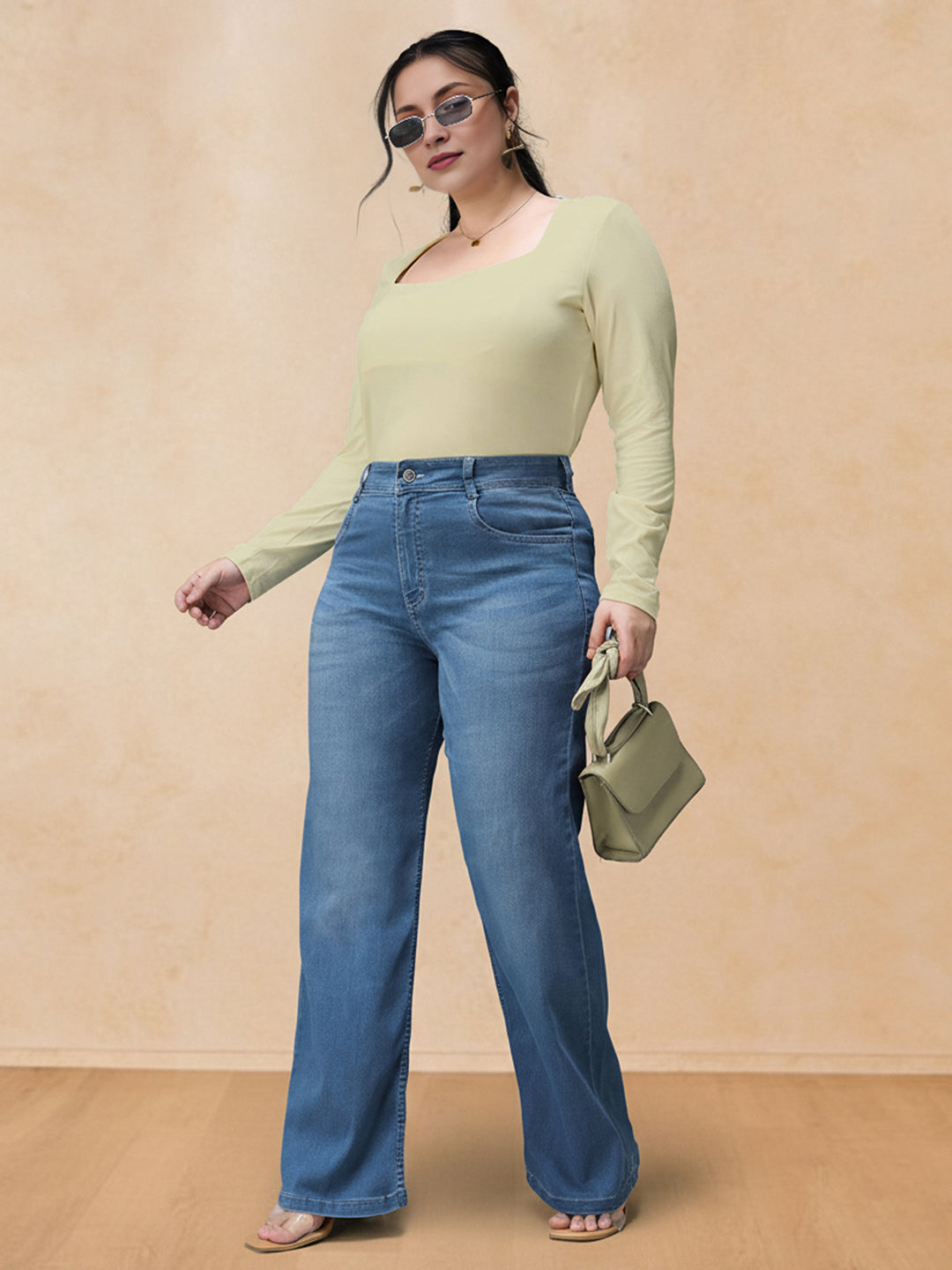 Light Blue Wide-Leg Mid Rise Blast Effect Denim Jeans for Women