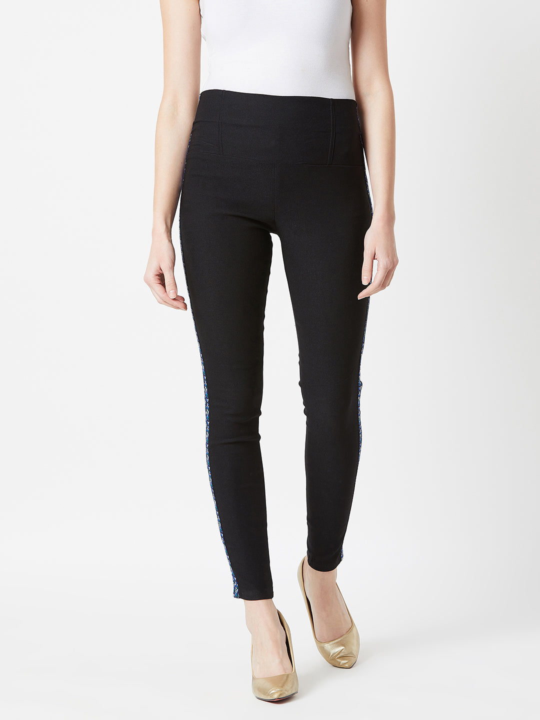 Women's Black Solid Skinny Twill Tape Detailing Regular High Waist Jeggings