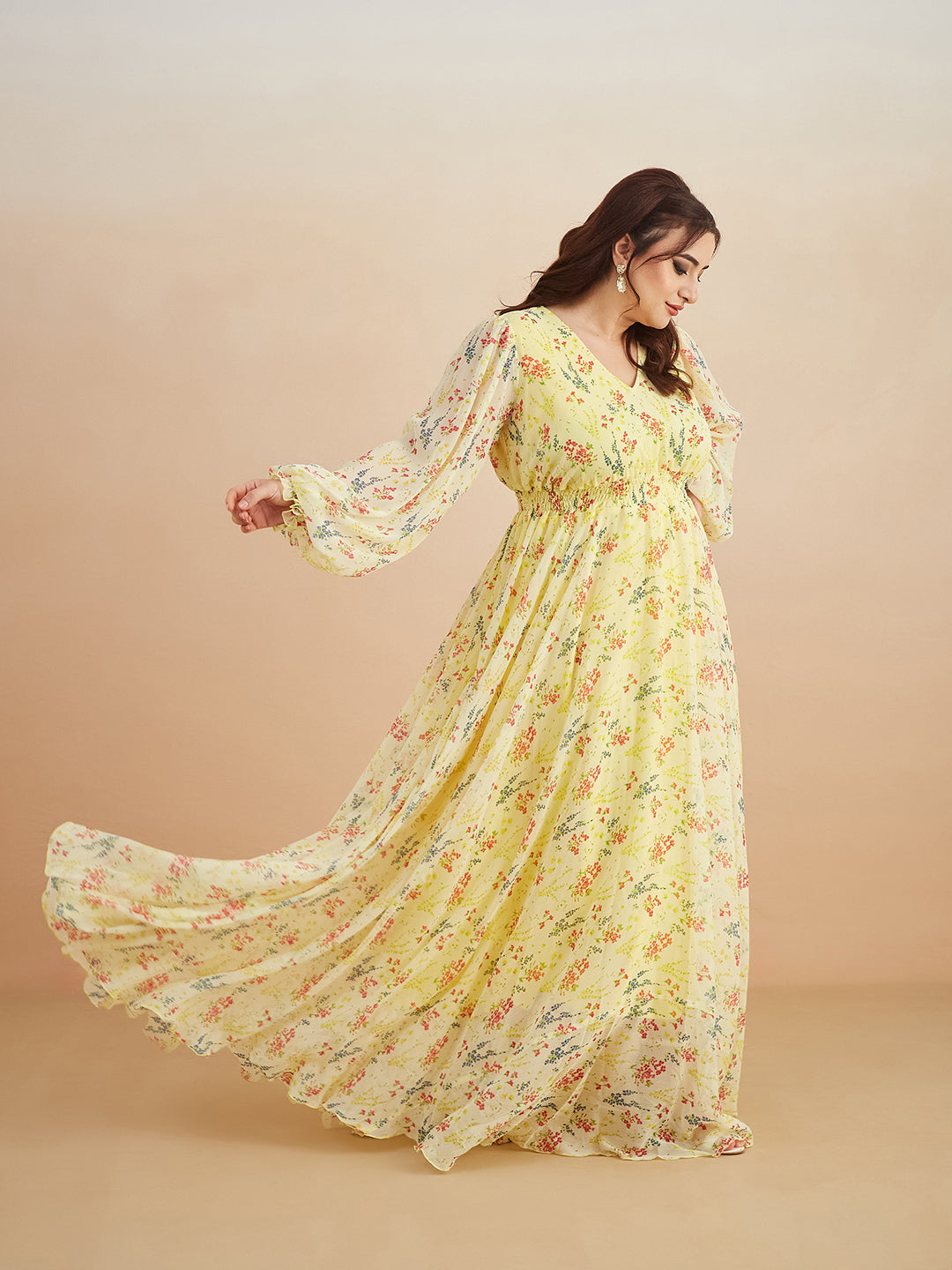 Multicolored-Base-Lime Yellow V-Neck Bishop Sleeve Floral Gathered Chiffon Maxi Dress for Women