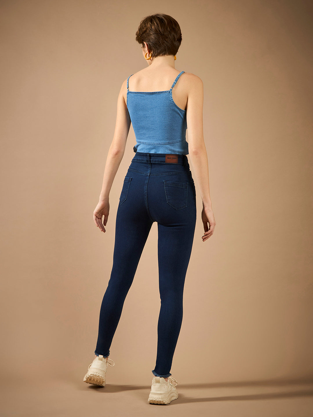 Women's Navy-Blue Skinny High-Rise Clean-Look Solid Fringed Hemline Cropped Stretchable Denim Jeans