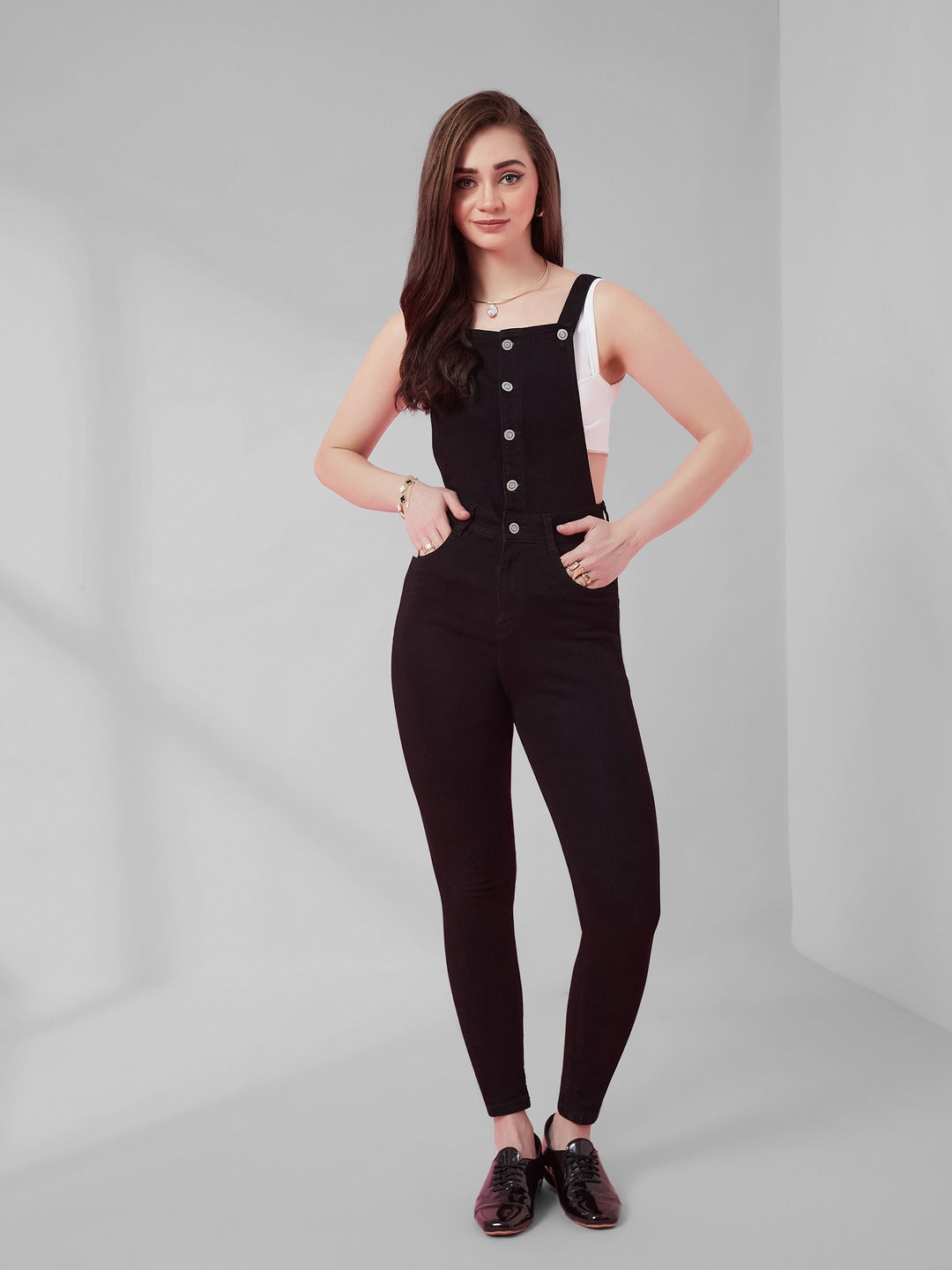 Black Skinny high-rise Regular Stretchable Denim Dungaree for Women