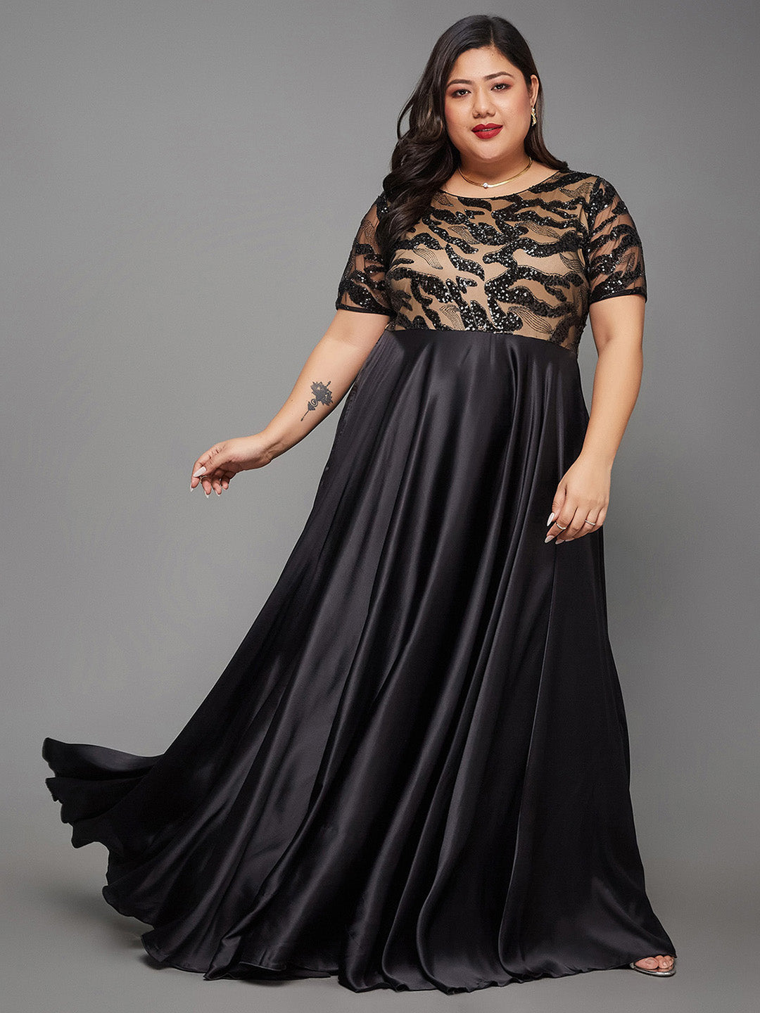 Body Bliss Black Abstract Fit & Flare Satin Maxi Dress