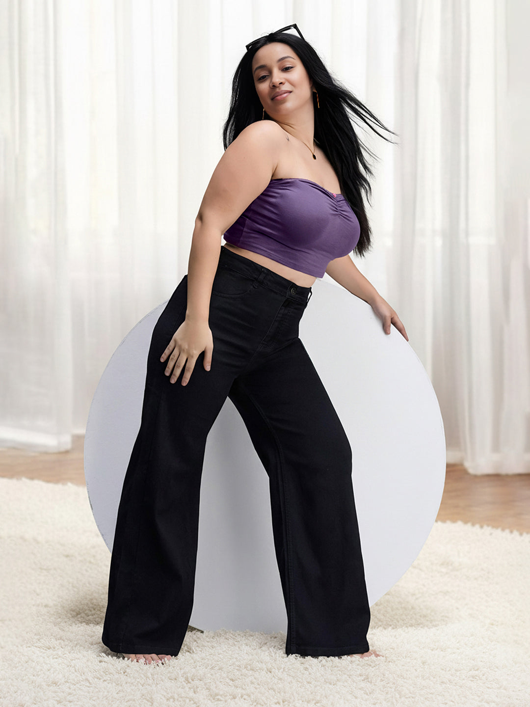 Black Wide Leg High Rise Stretchable Denim Jeans for Women
