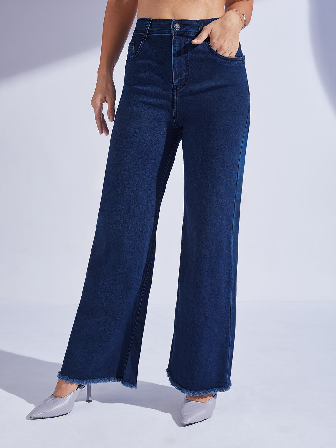 24/7 Comfort Navy-Blue Wide-Leg High-Rise Clean-Look Regular-Length Stretchable Denim Jeans for Women