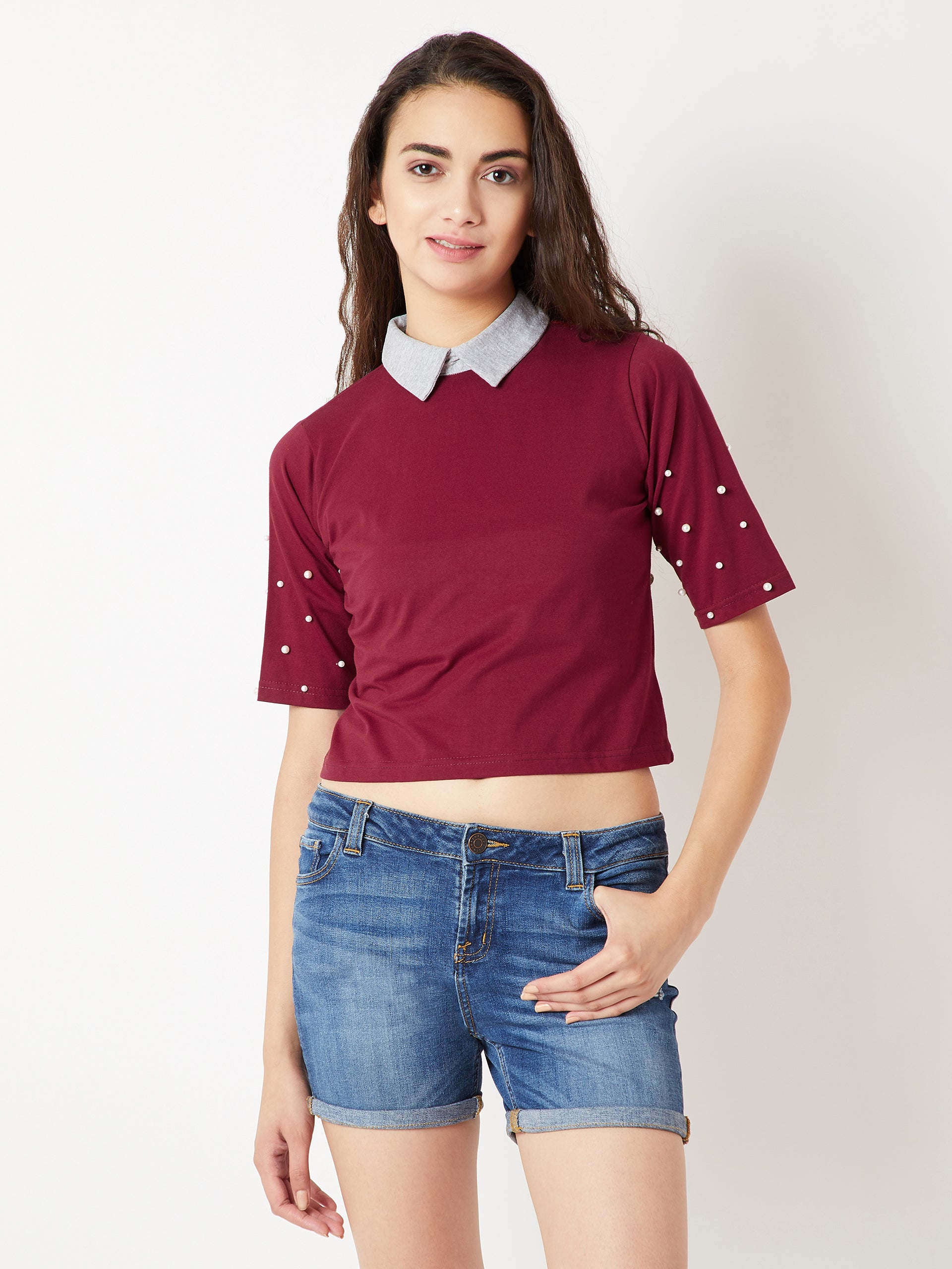 Women's Maroon & Grey Half Sleeves Round Neck Solid Collared Pearl Detailing Crop Top