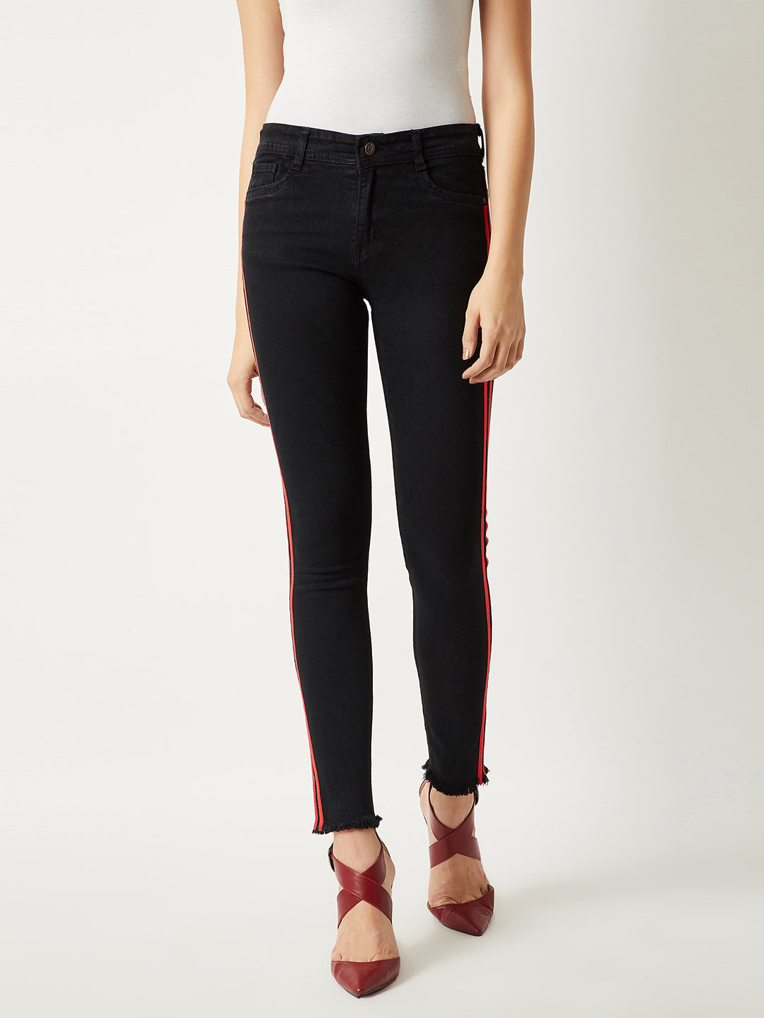 Women's Black Slim-Fit High-Rise twill Tape Detailing Stretchable Denim Jeans