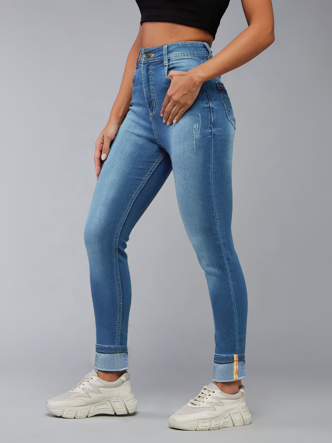 Women's Blue Skinny-Fit High-Rise Twill Tape Detailing Scraped Stretchable Denim Jeans