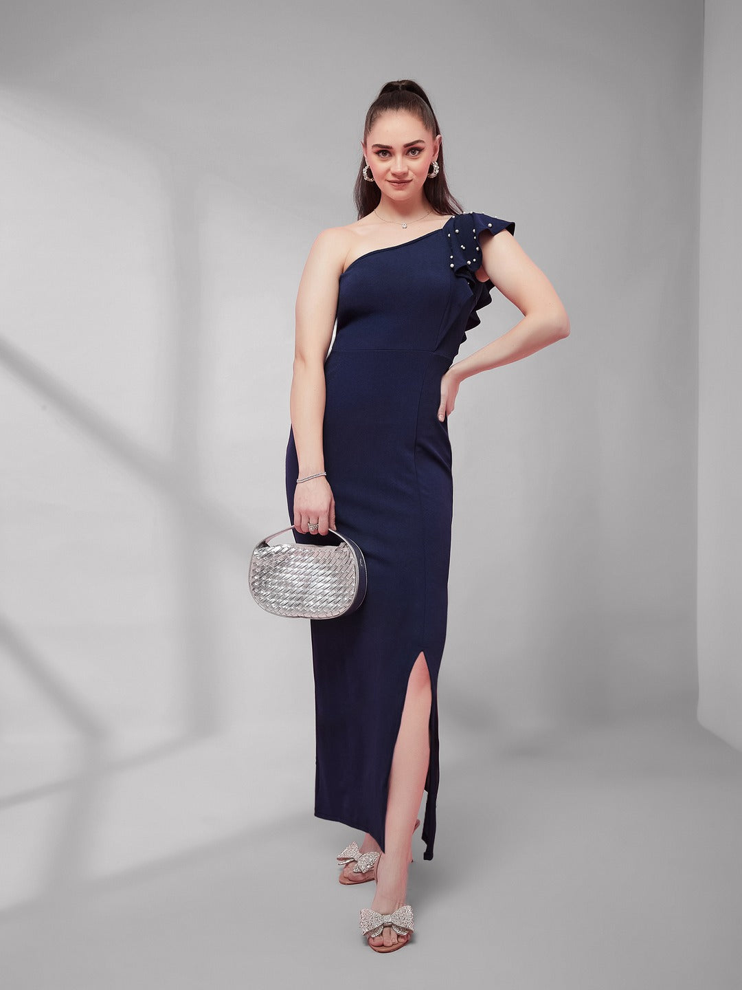 one shoulder blue bodycon dress Navy One-Shoulder Sleeveless Cotton Solid Ruffled Pearl And Slit Detailing Maxi for Women Tight homecoming dresses this powder blue one womens retro elegant square Shoulder cut Color:Cornflower Blue Summer Daze