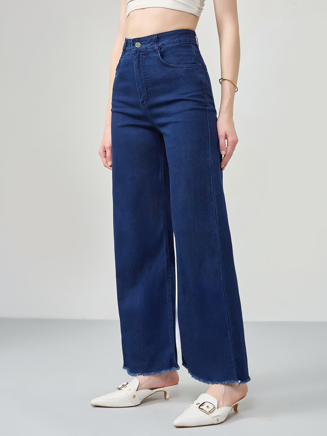 Navy Blue Wide-Leg High-Rise Stretchable Denim Jeans for Women