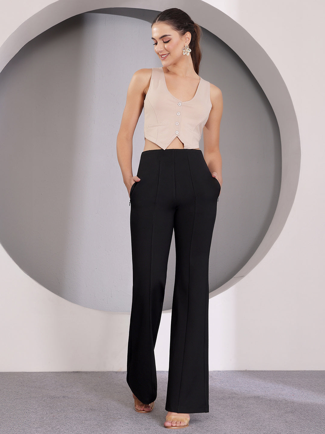 Women's Black Solid Panelled Regular Rayon Trouser