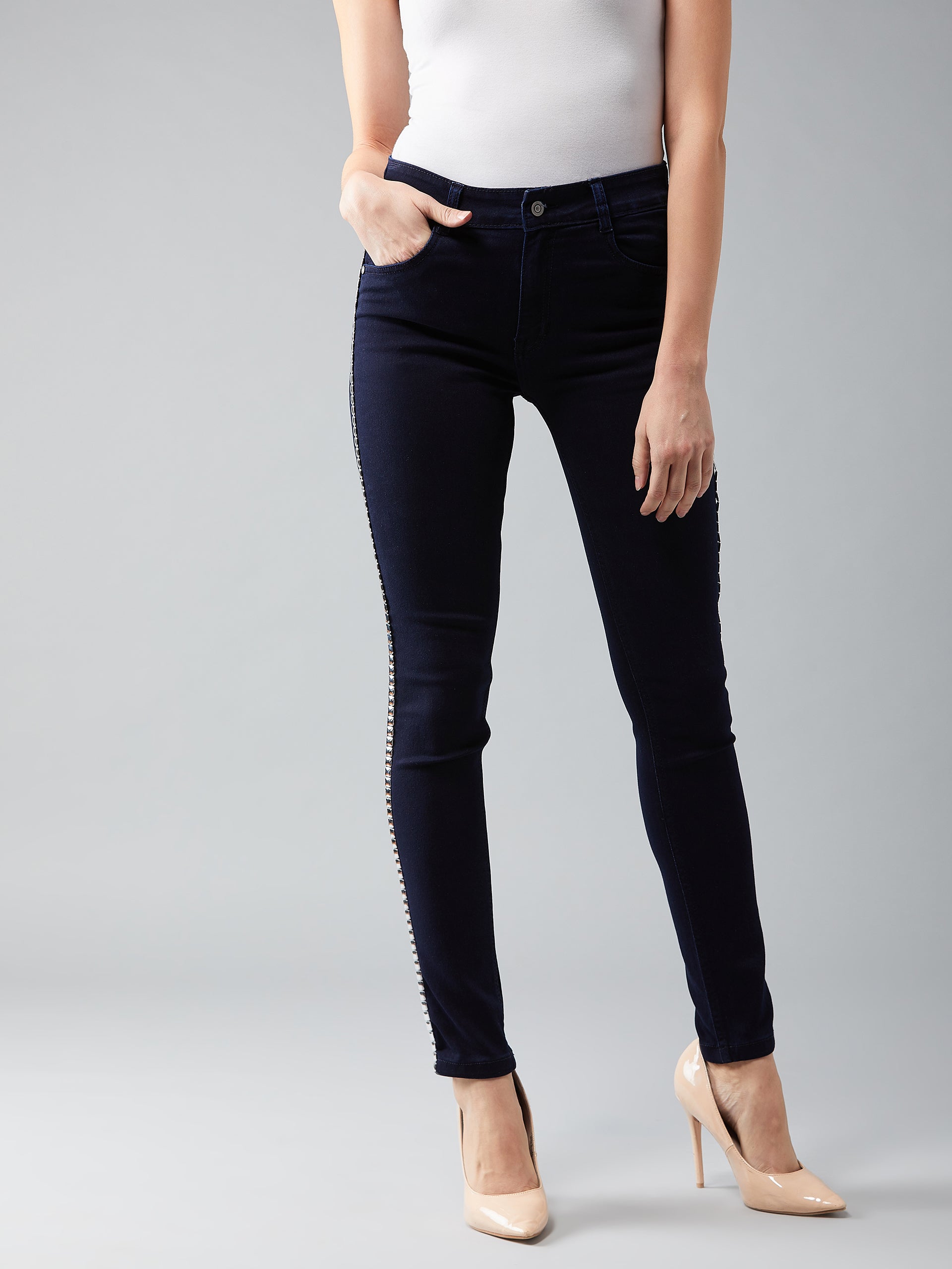 Women's Navy-Blue Skinny-Fit Mid-Rise Metal Tape Detailing Stretchable Denim Jeans