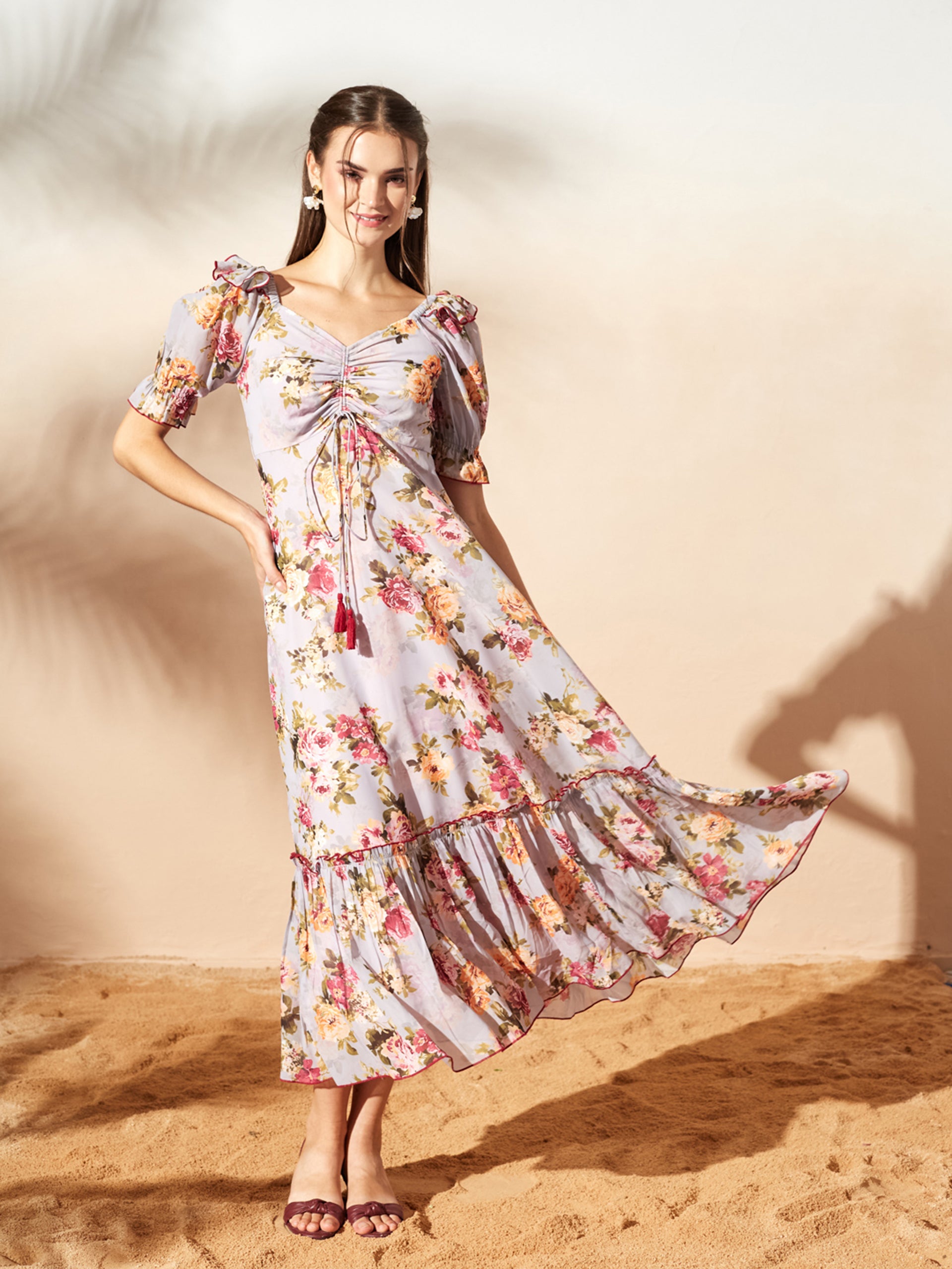 Grey Multicoloured Floral Printed Puff Sleeves Sweetheart Neck Fit and Flare Maxi Dress for Women
