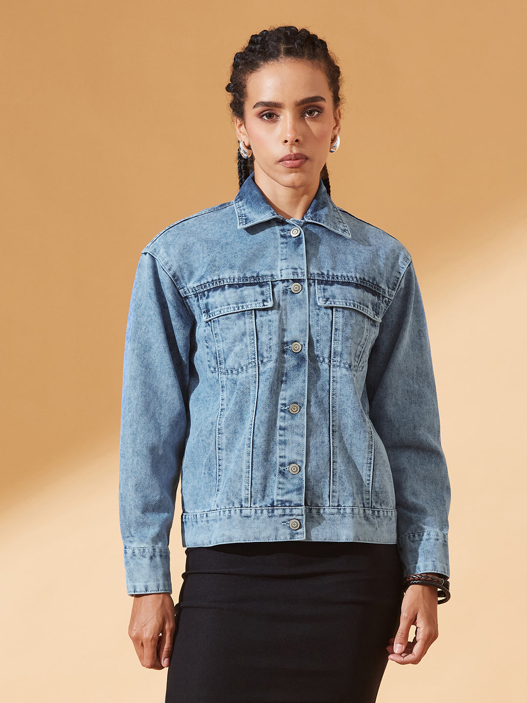 Light-Blue Collared Full Sleeve Solid Classic Denim Jacket for Women