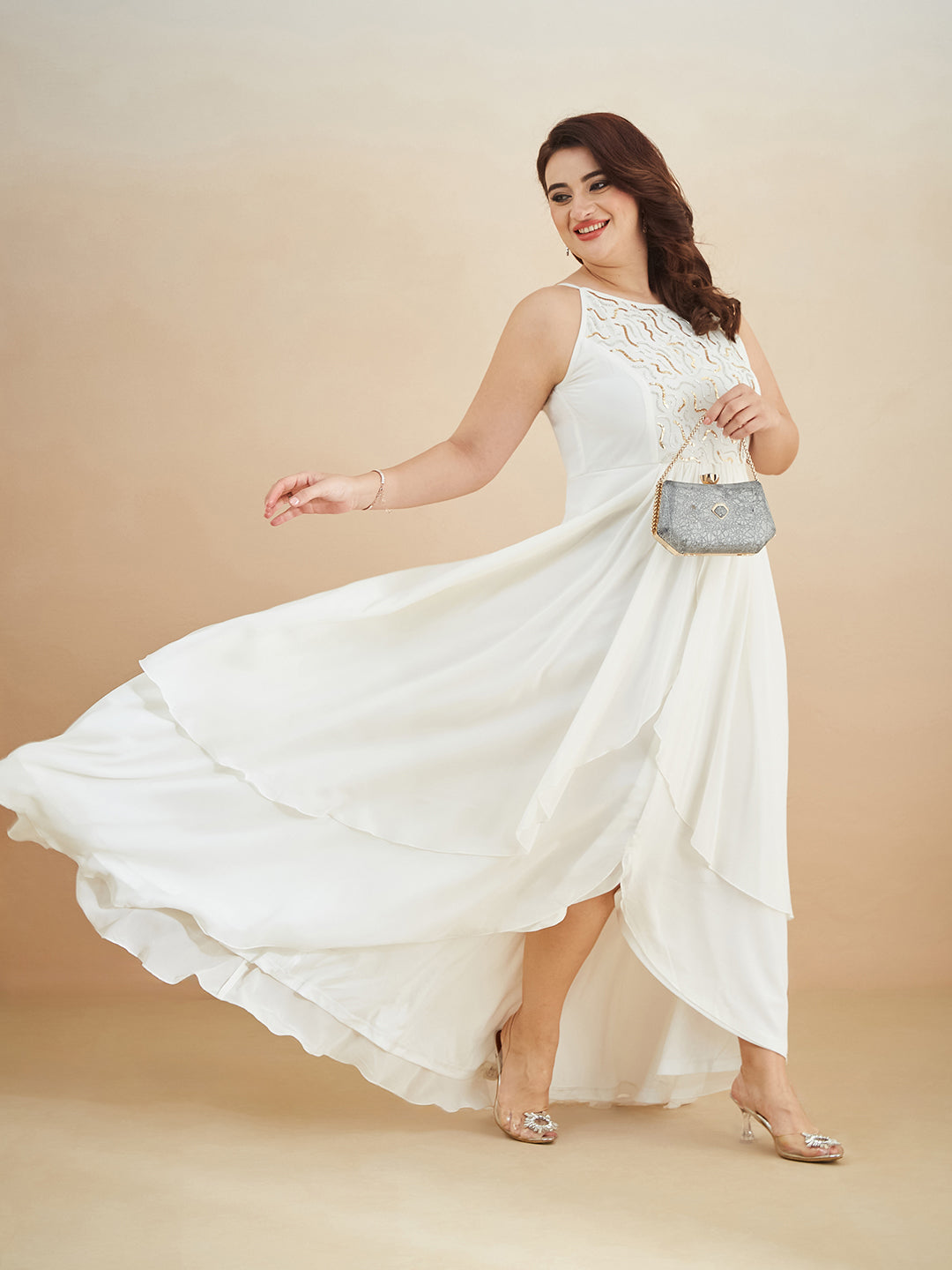 Off White Round Neck Sleeveless Solid Embellished Maxi Dress for Women