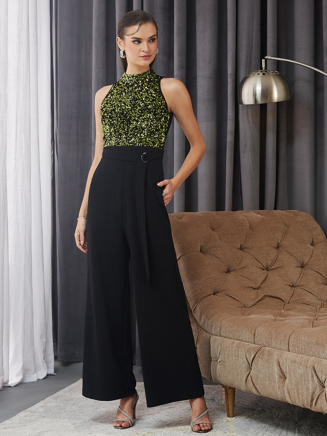 Women's Black And Green Halter Neck Sleeveless Embellished Regular-Length Jumpsuit