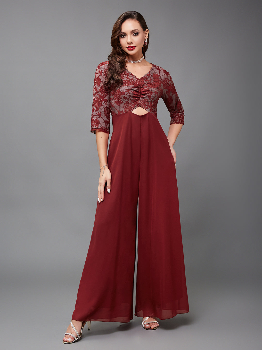 Women's Maroon V-Neck Full Sleeve Self Design Cut-Out Georgette Jumpsuit