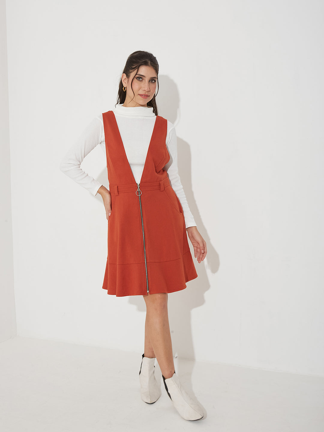 Rust Solid Polyester Pinafore Dress with Zipper Detail and Side Pockets for Women