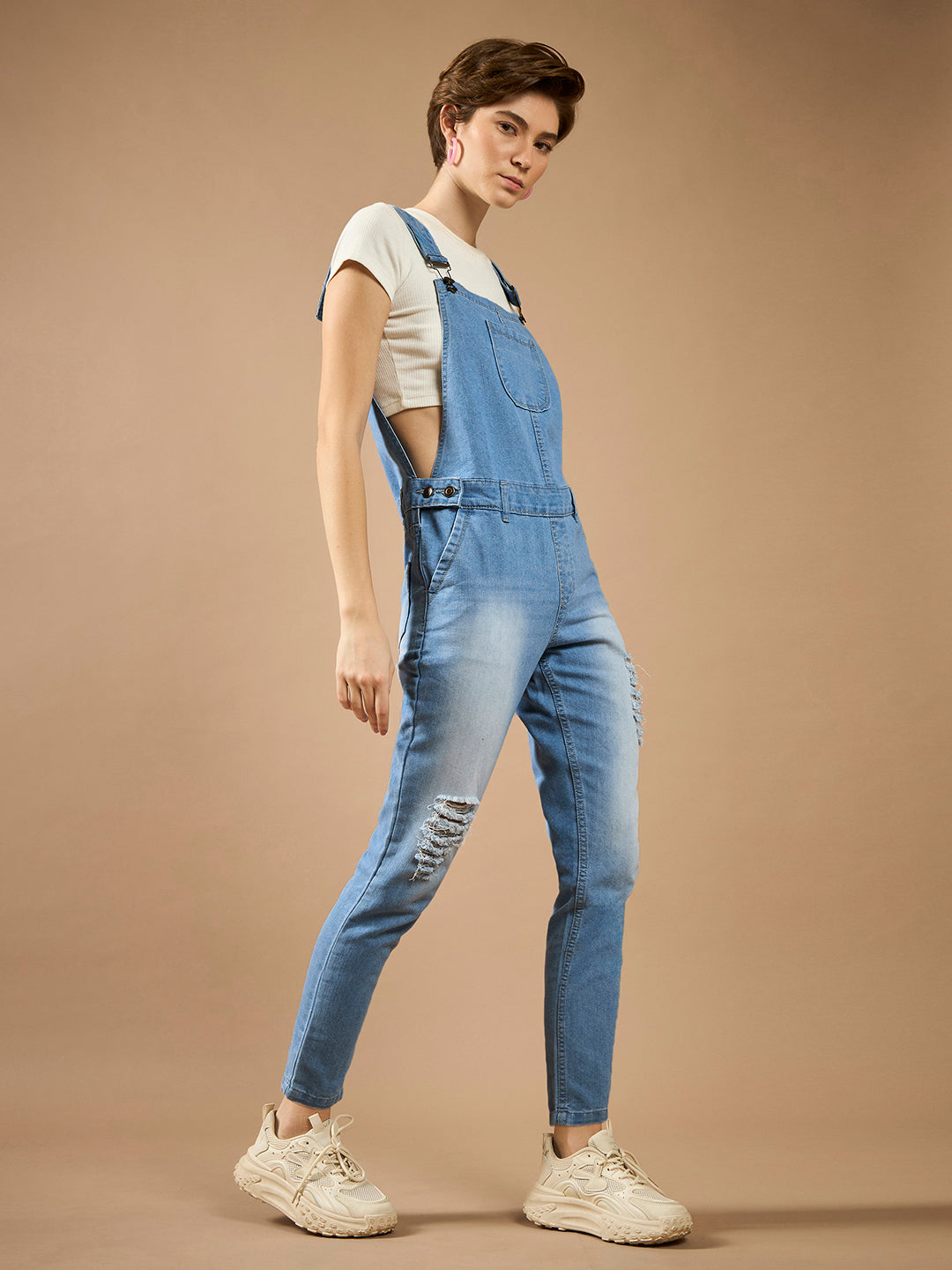 Women's Light Blue Regular Fit Mid-Rise Regular-Length Ripped Denim Dungaree