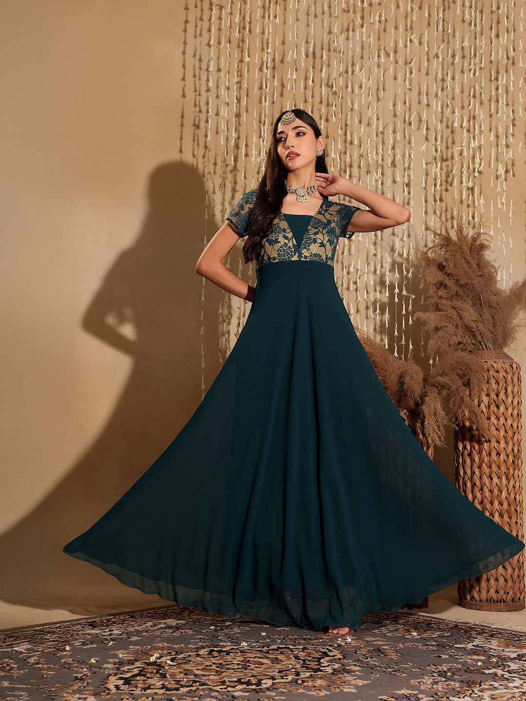 Women's Teal Square Neck Raglan Short Sleeve Self Design Lace Overlaid Georgette Maxi Dress