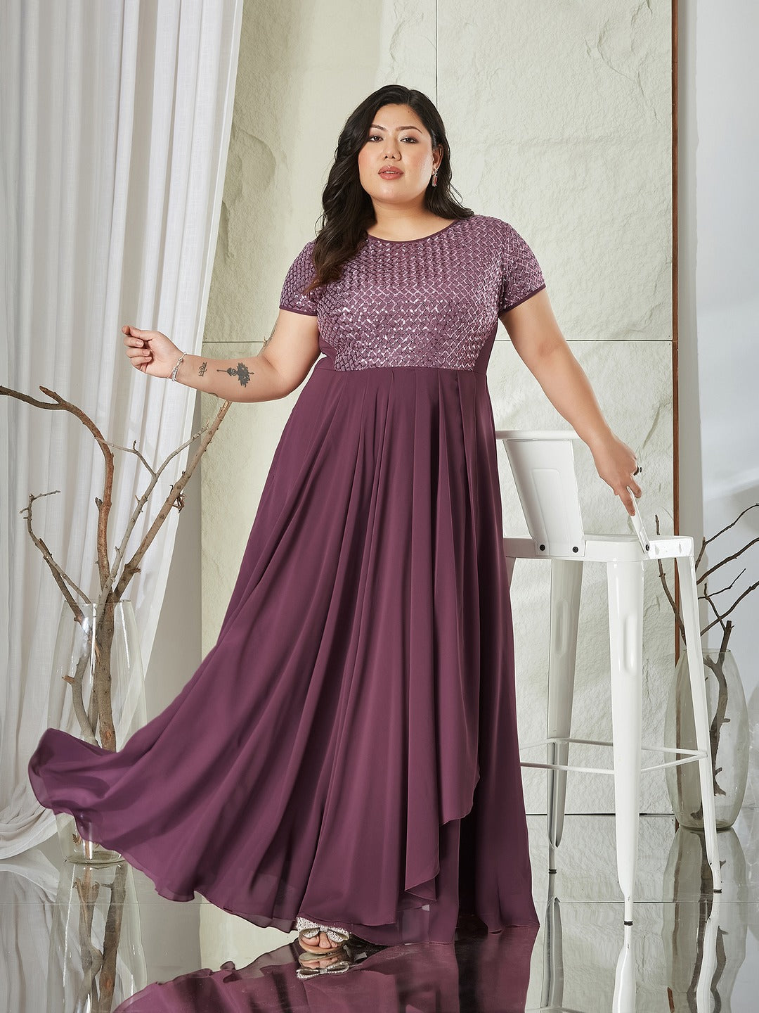 Mauve Round Neck Cap Sleeve Embellished Fit & Flare Maxi Crepe Dress for Women