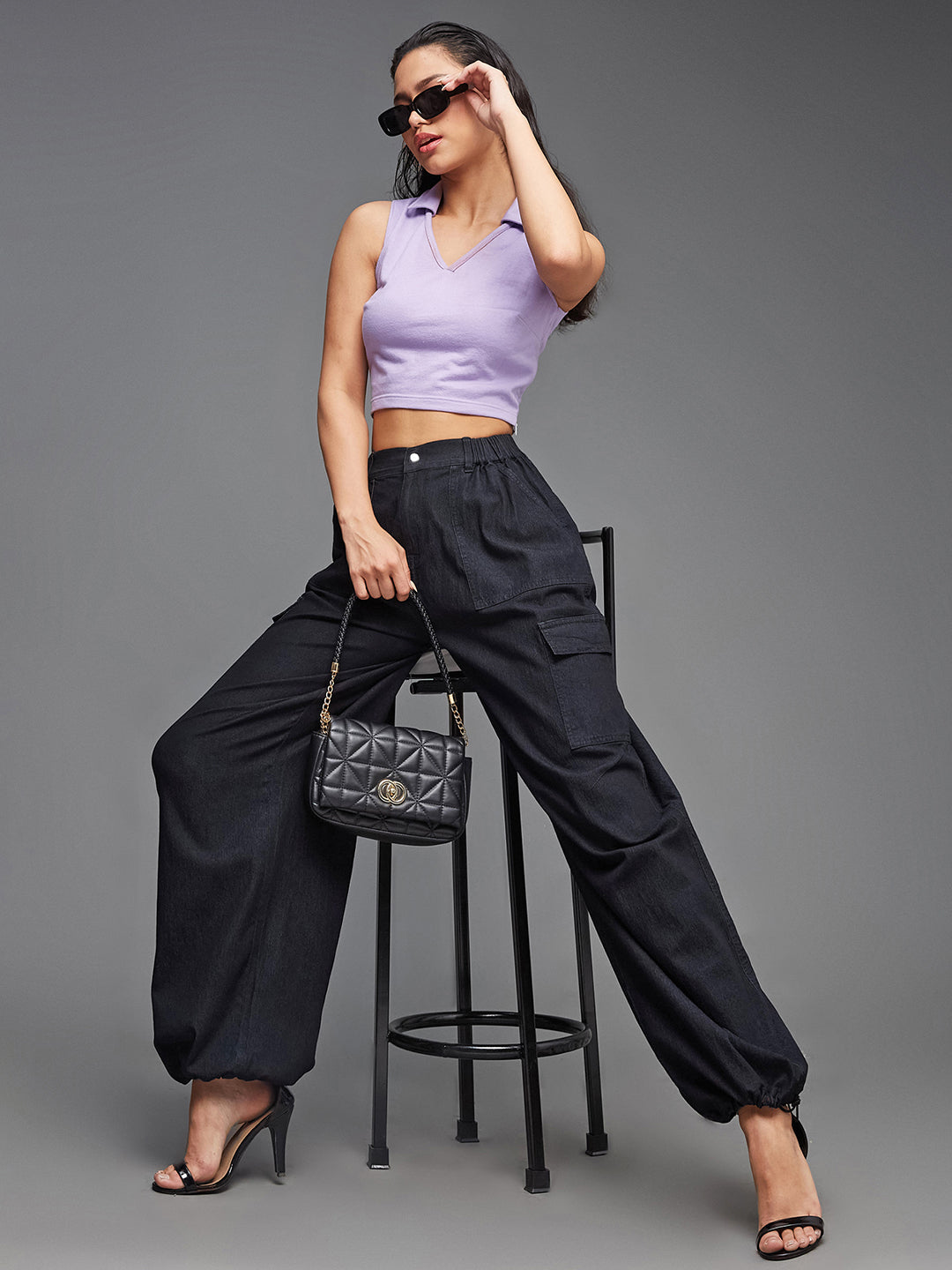 24/7 Comfort Black High-Rise Stretchable Light Weight Cotton Blend Denim Parachute Pants