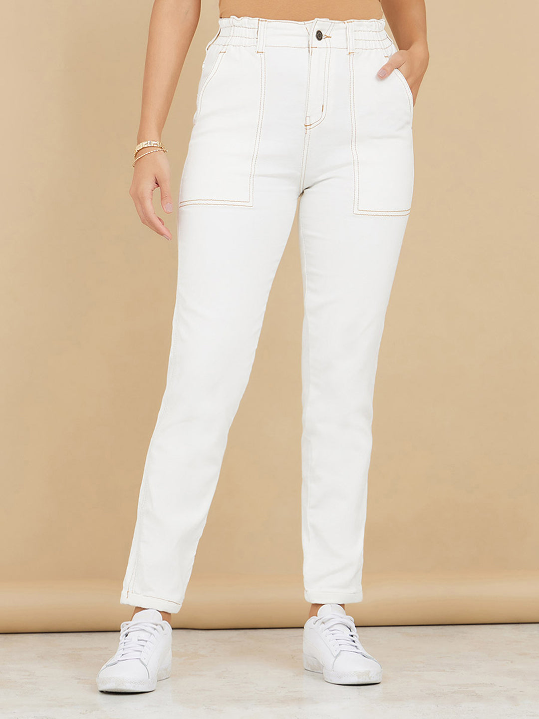 Women's White Mom's Jean High-Rise Stretchable Denim Jeans