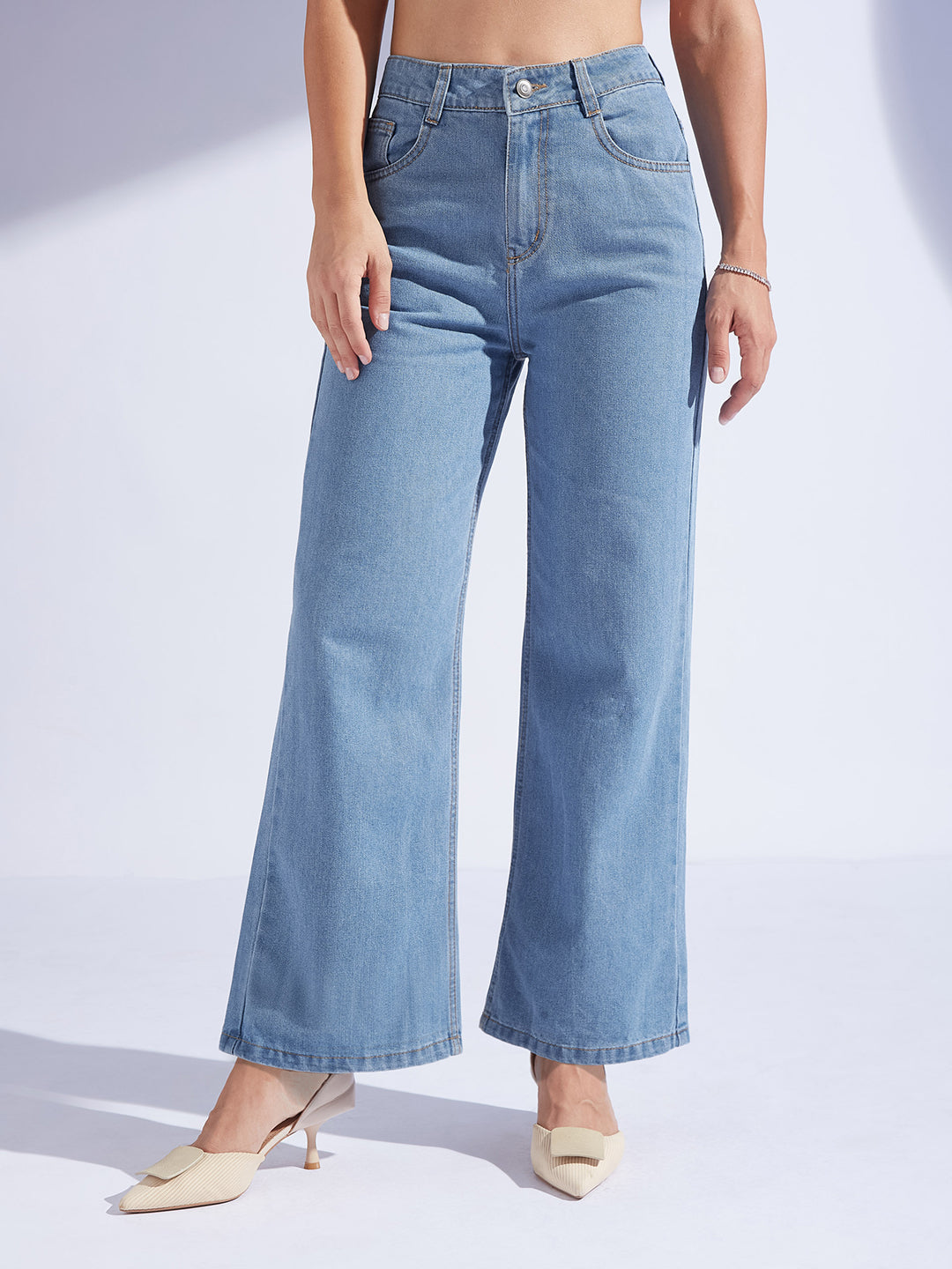 Women's Light Blue Wide-Leg High-Rise Non-stretchable Denim Jeans