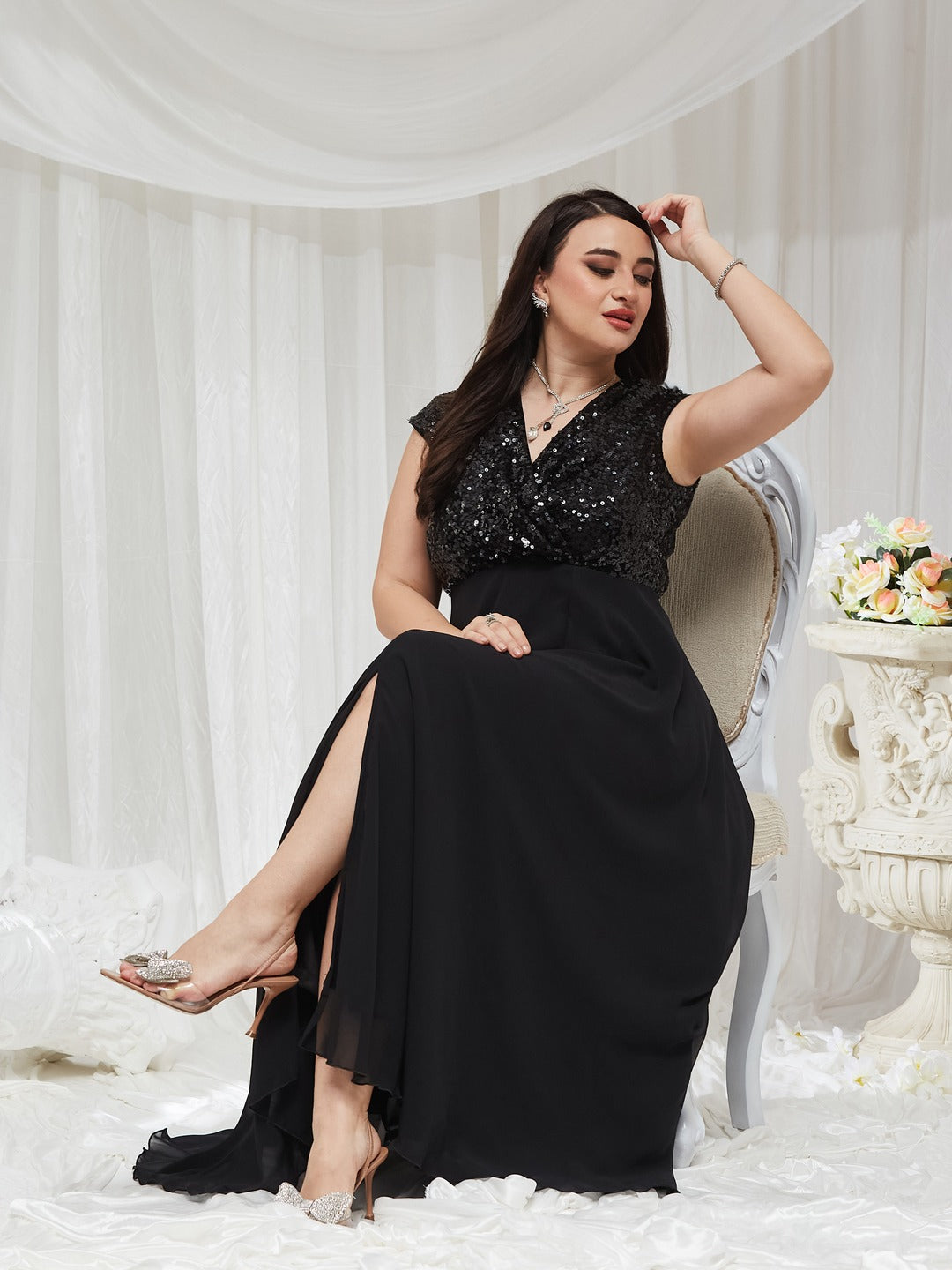 Black V-Neck Cap Sleeved Solid Wrap Maxi Dress for Women