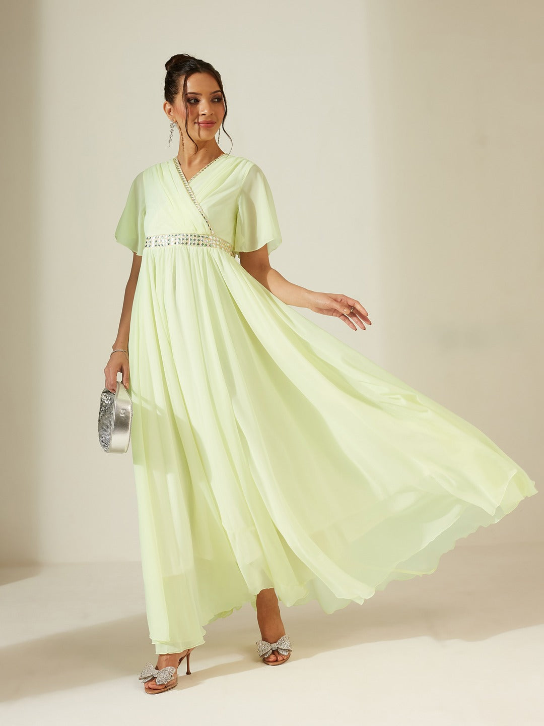 Lemon Yellow V-Neck Flared/ Bell Sleeves Solid Georgette Fit & Flare Maxi Dress for Women