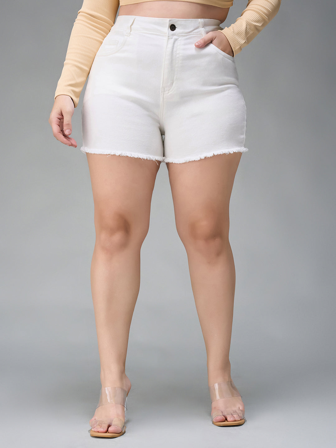 Women's White High-Rise Stretchable Denim Shorts