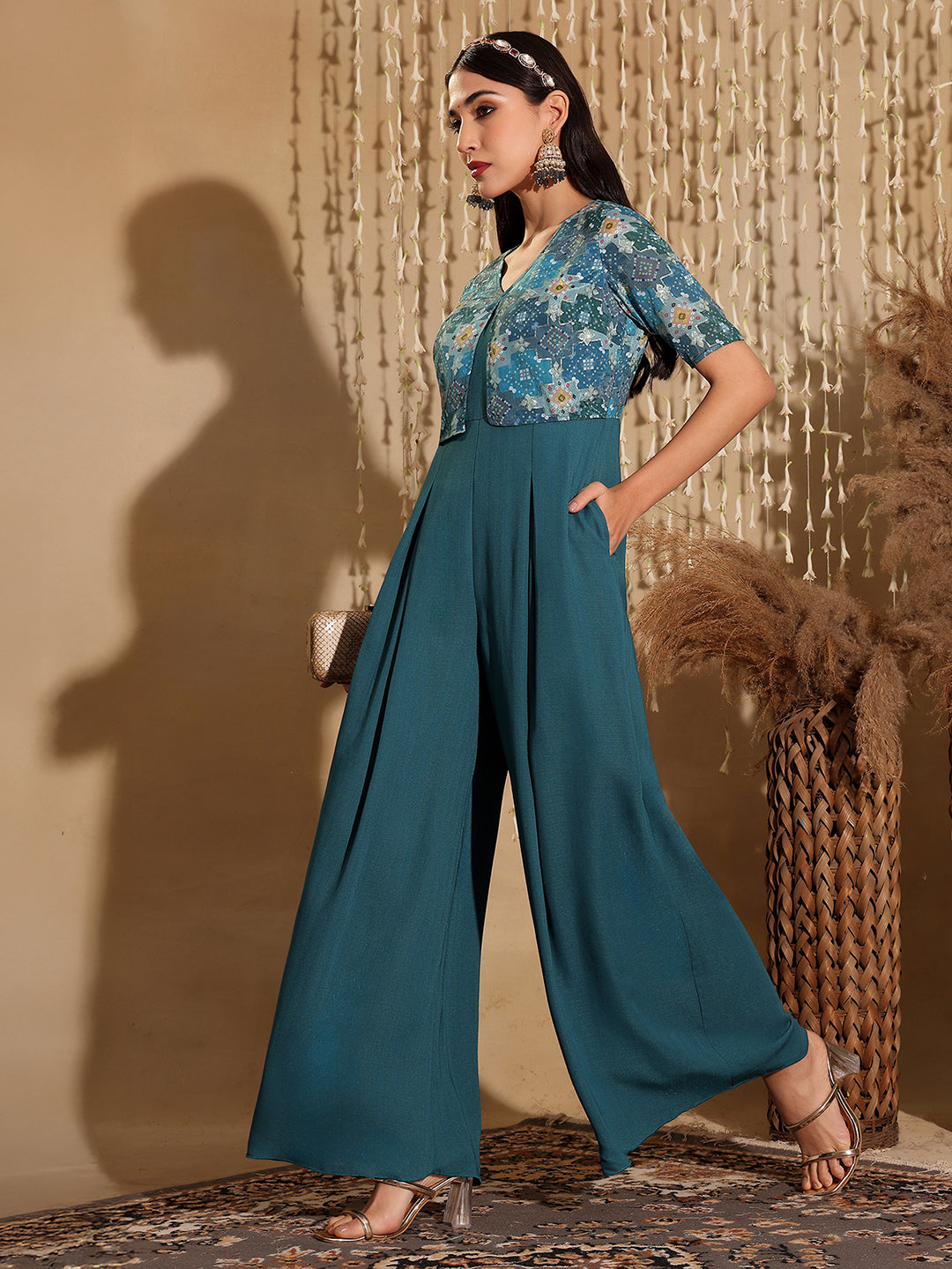 Women's Dusty Turquoise V Neck Half Sleeve Pleated Polyester Regular-Length Solid Jumpsuit