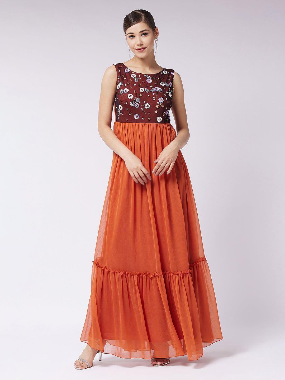 Rust Sleeveless Fit and Flare Sequinned Maxi Dress Long Dress Gown Frock for Women | Haldi Hues