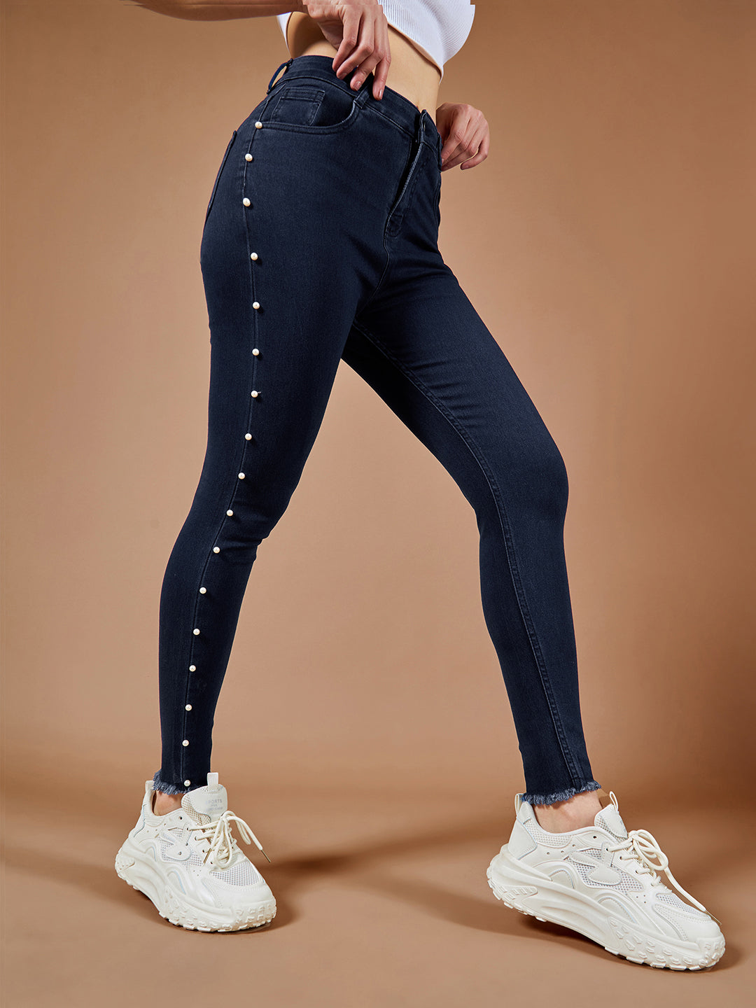 Women's Navy-Blue Cotton Skinny-Fit Cropped High-Rise Stretchable Denim Jeans
