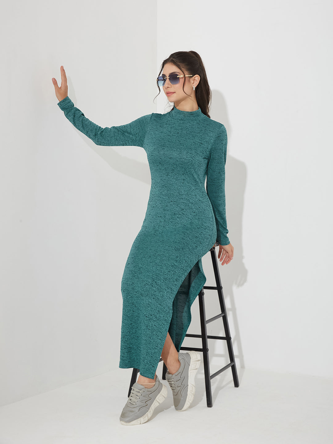 Teal Mock Neck Full Sleeve Solid Bodycon Maxi Cotton Dress for Women