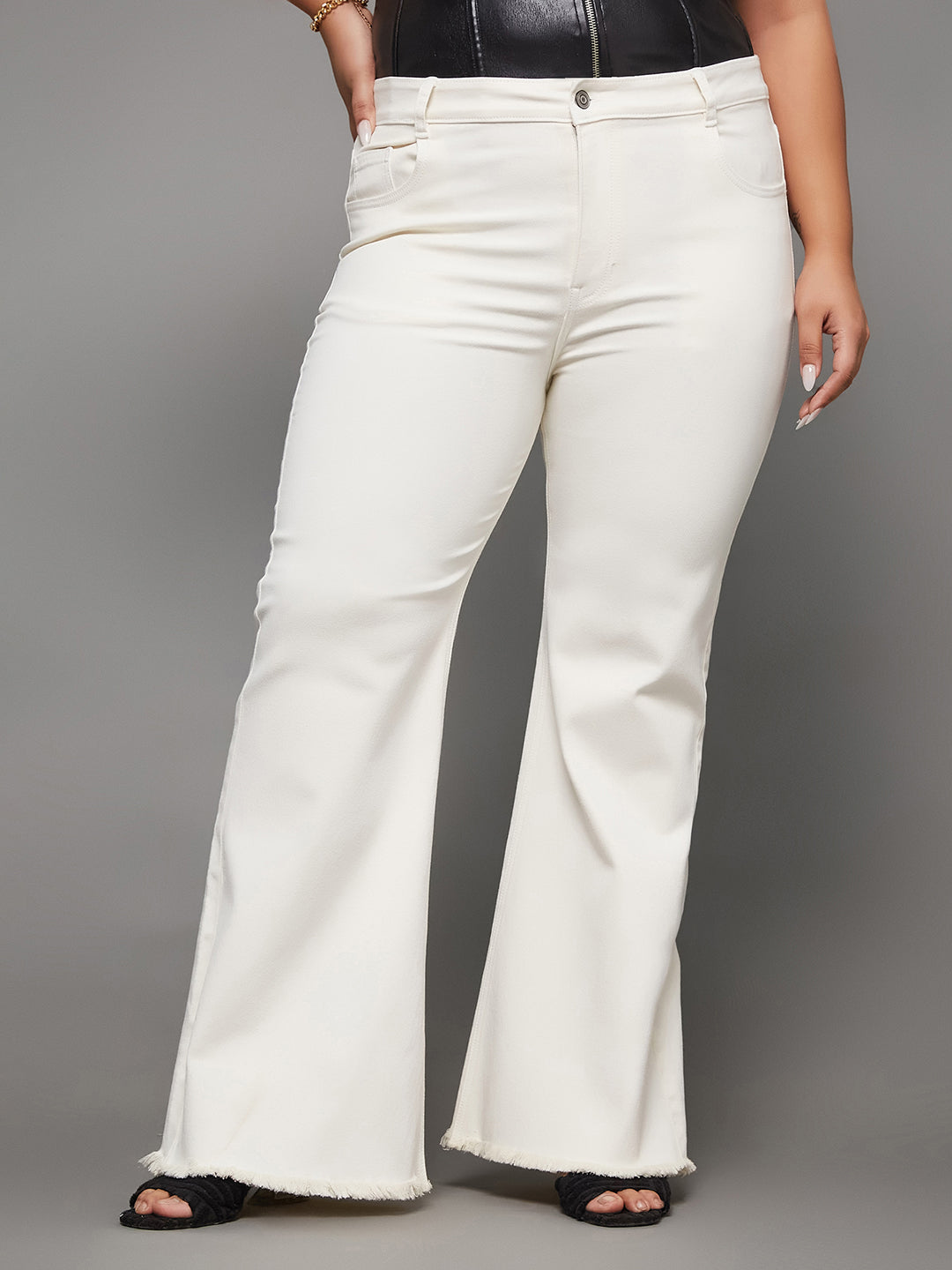 24/7 Comfort White Bell-Bottom Bootcut High-Rise Stretchable Denim Jeans for Women