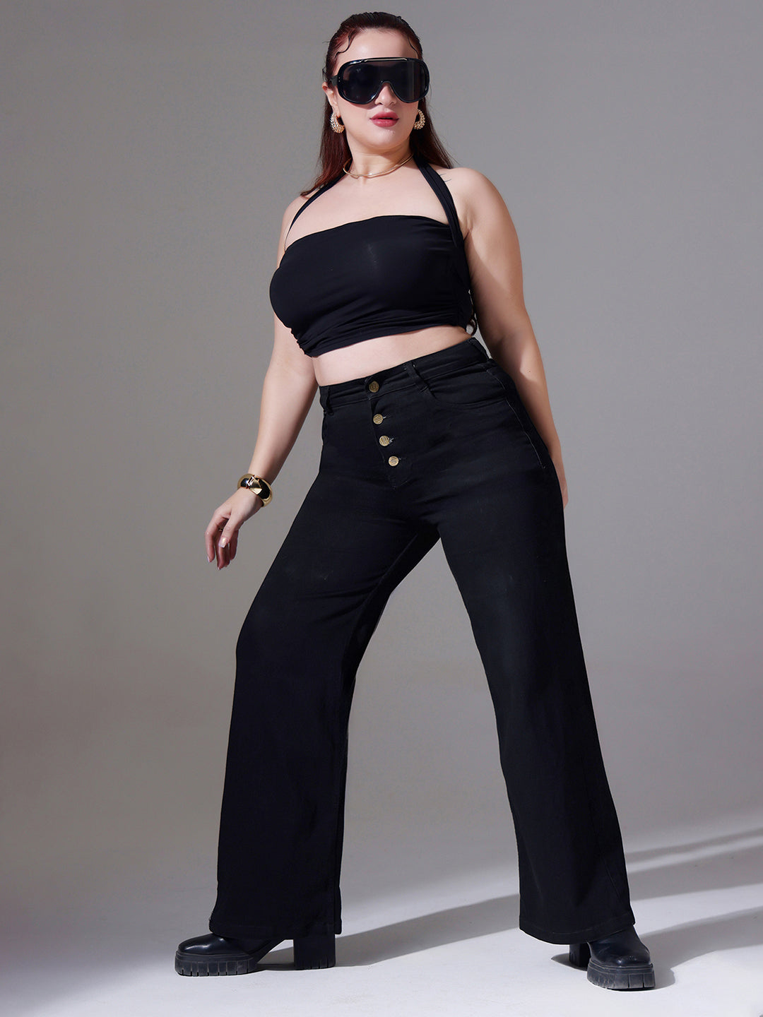 24/7 Comfort Black Wide-Leg High-Rise Clean-Look Regular Stretchable Denim Jeans
