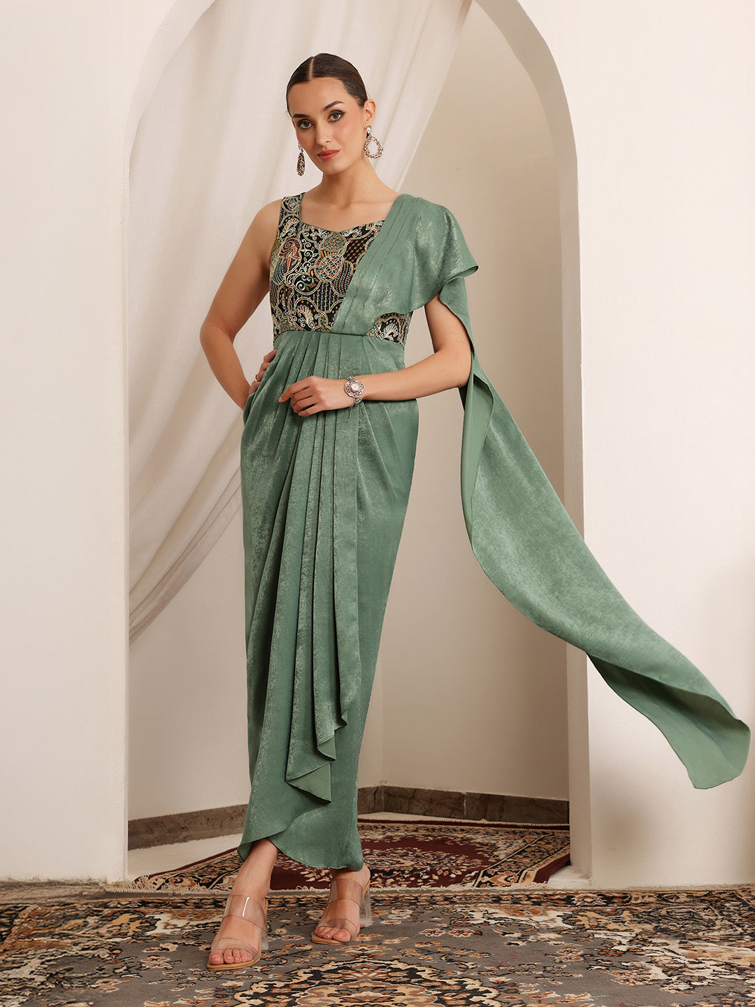Tota Mirage Sage Green Embroidered Satin Maxi Dress